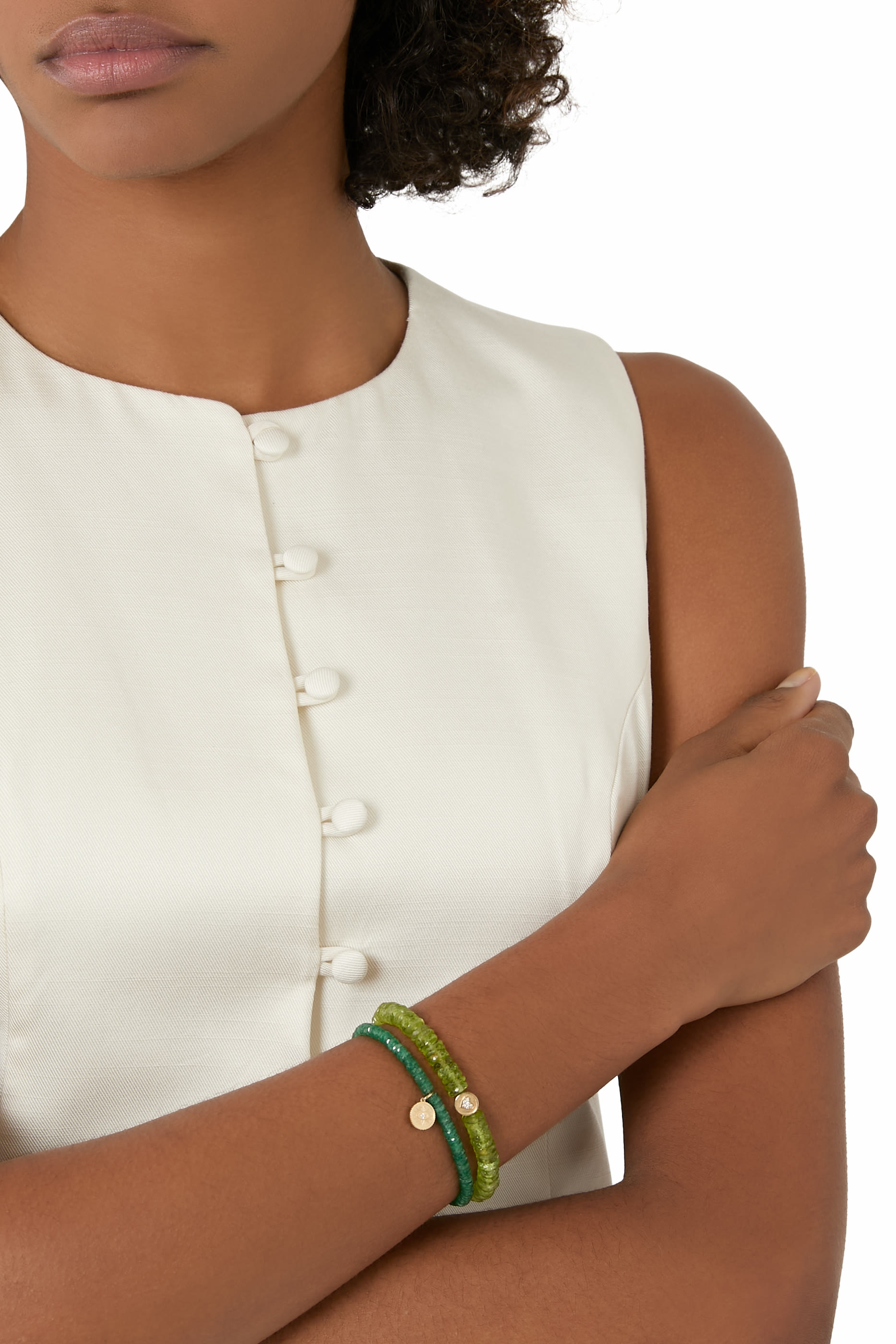 Marquise Eye Coin Beaded Bracelet, 14K Yellow Gold with Diamonds & Aventurine Beads