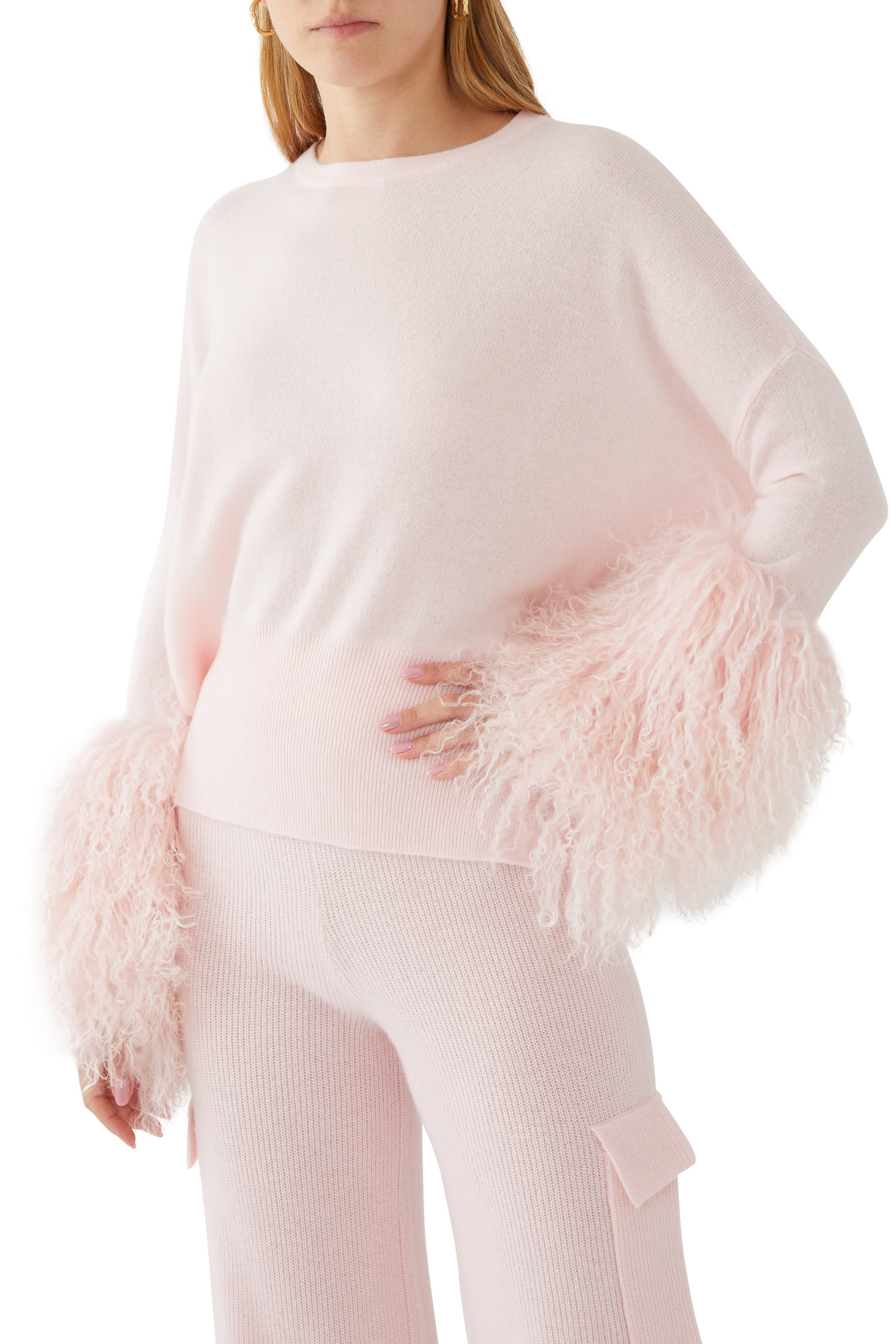 Round Neck Sweater with Shearling Cuff