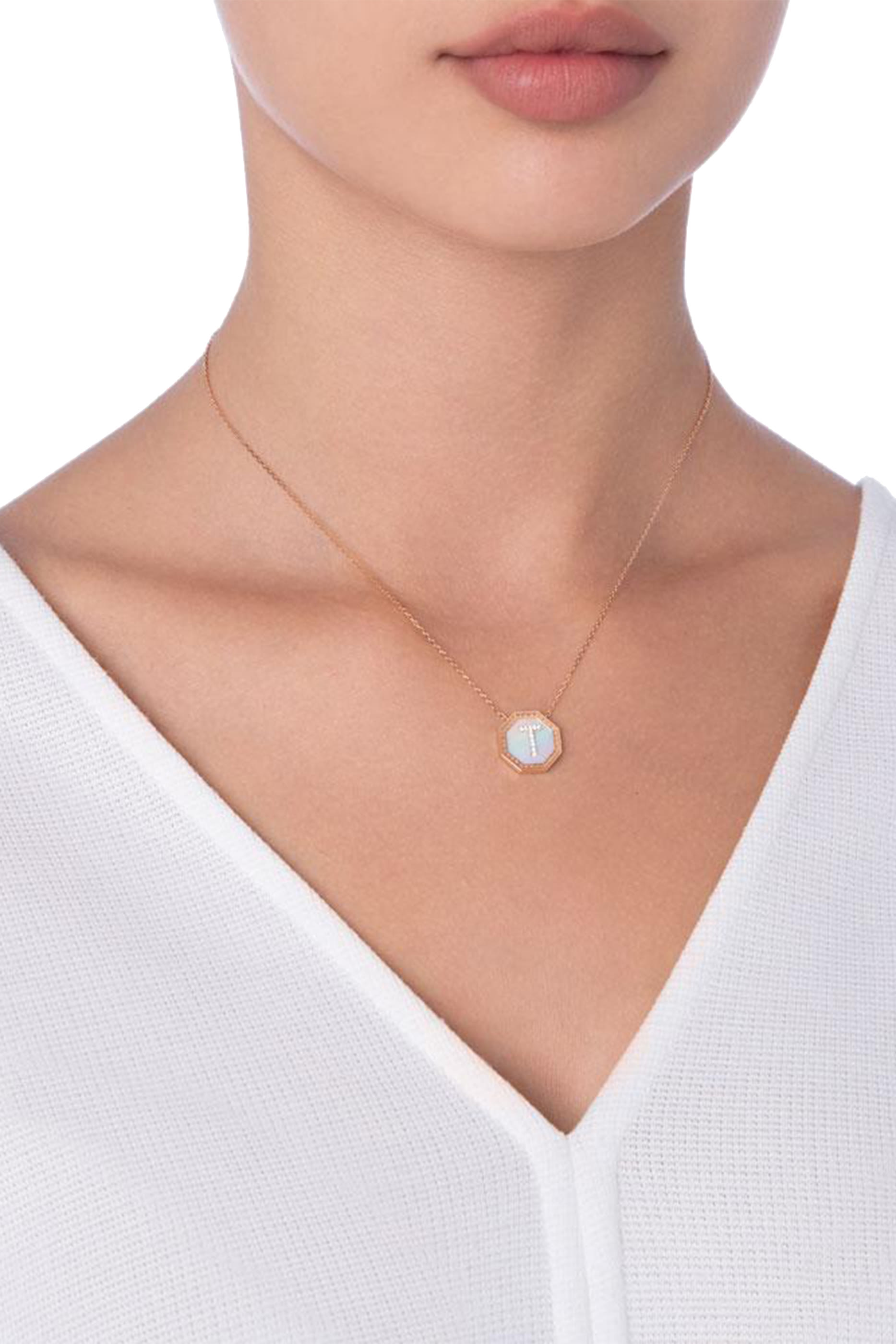 Harf Turath Letter M Pendant Necklace, 18k Rose Gold, Diamonds & Mother of Pearl