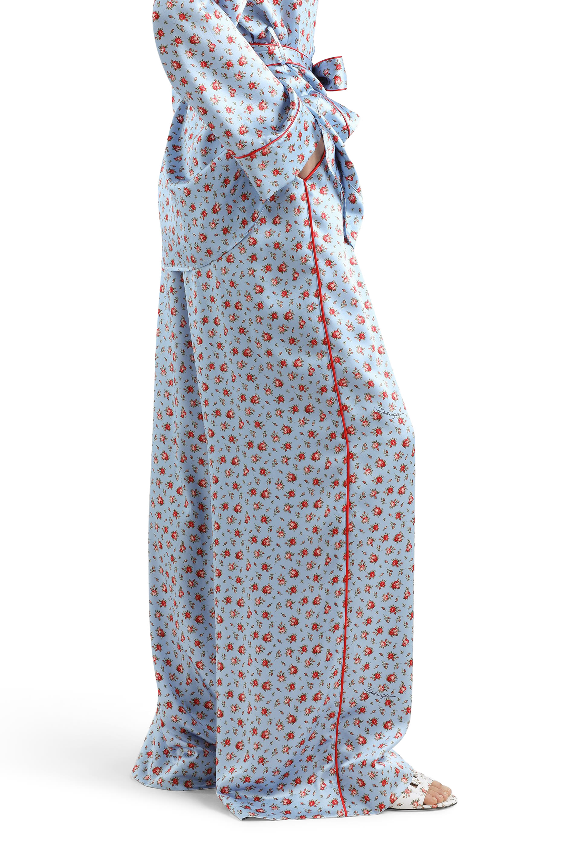 Small Rose-Print Wide Silk Trousers