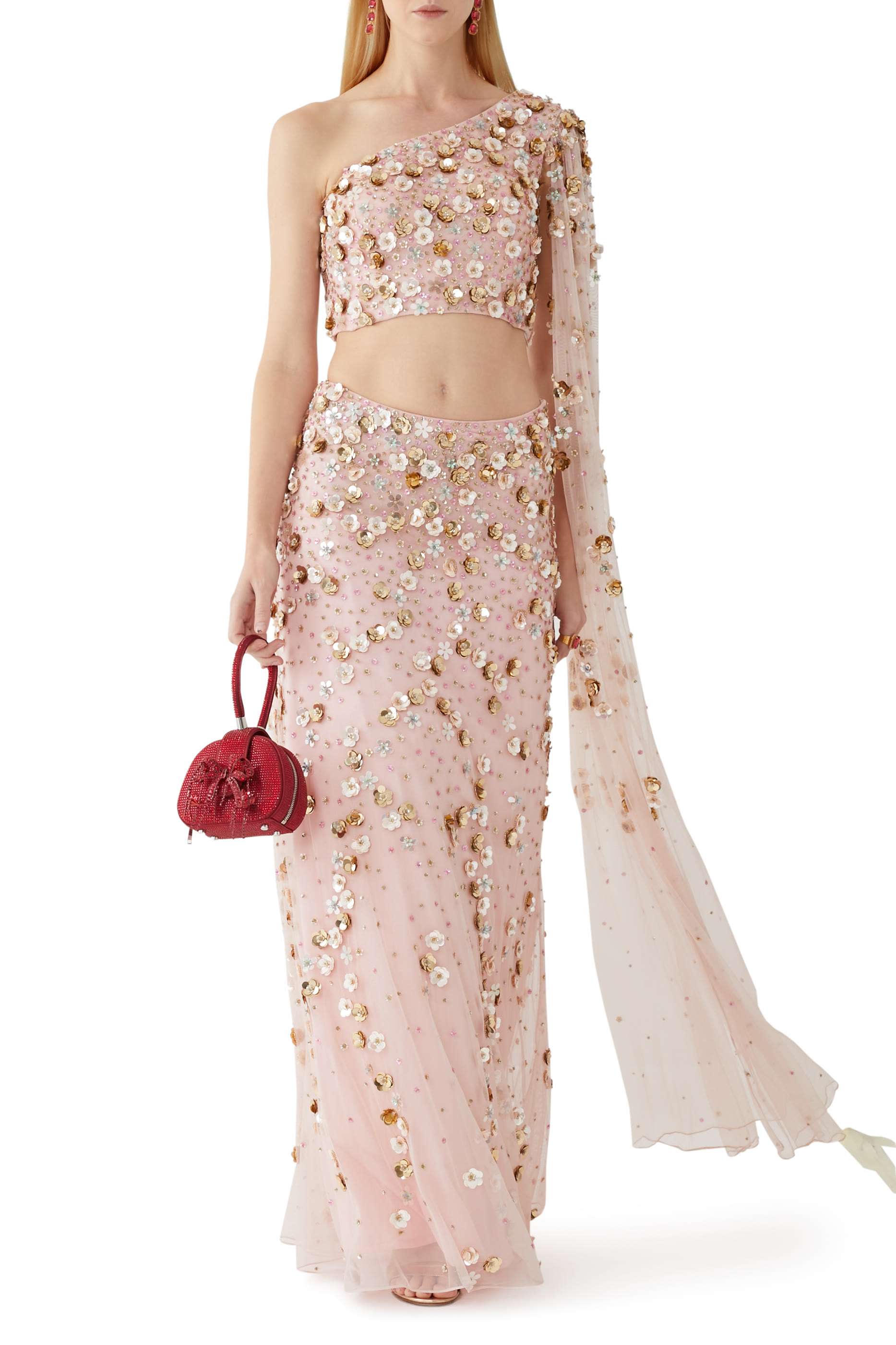 Inaya One Shoulder Train Drape Beaded Saree Gown