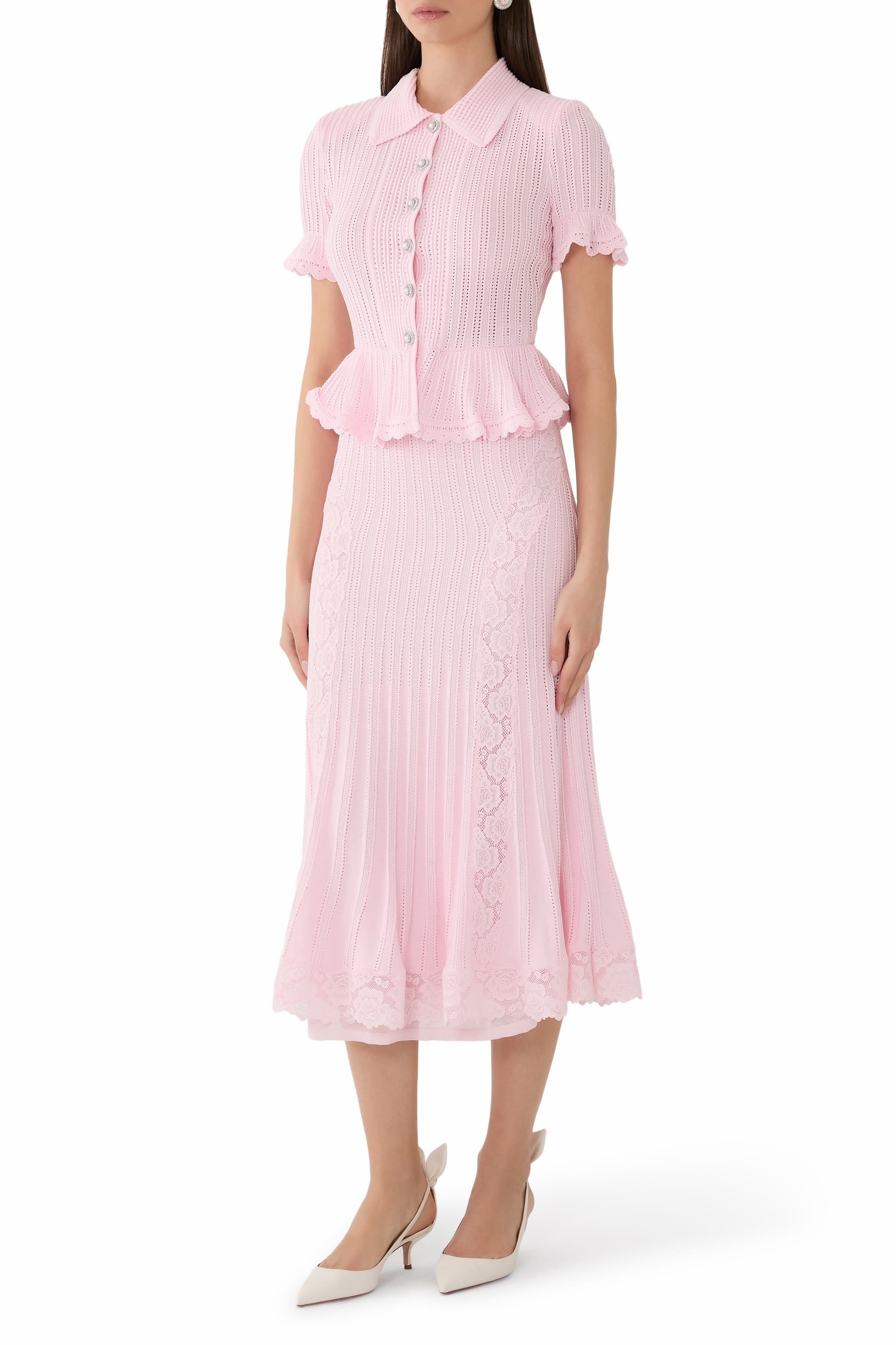 Pointelle Peplum Knit Midi Dress