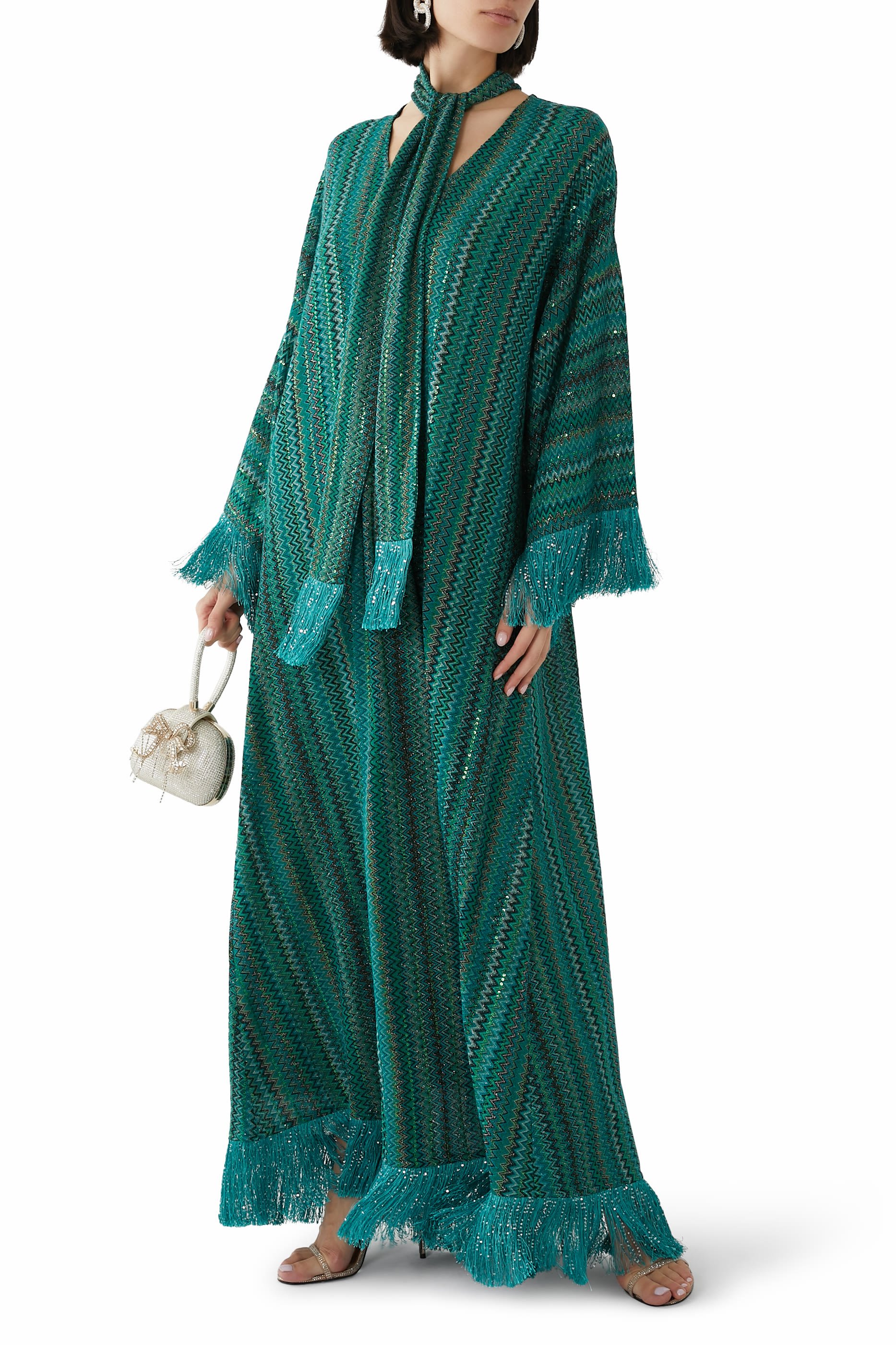 Exclusive Chevron Raschel Sequinned Fringed Scarf Maxi Kaftan