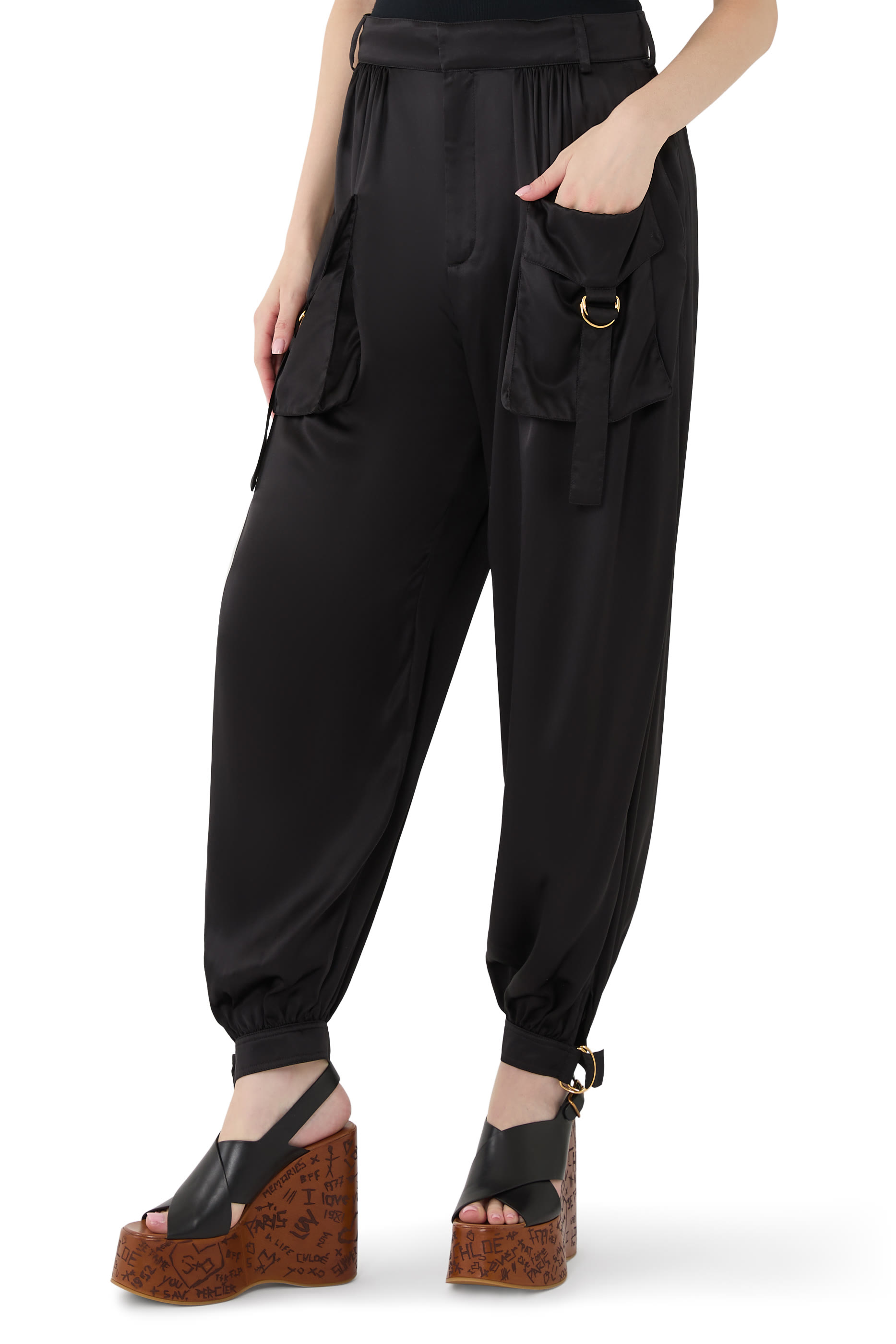 Fluid Silk Satin Cargo Pants