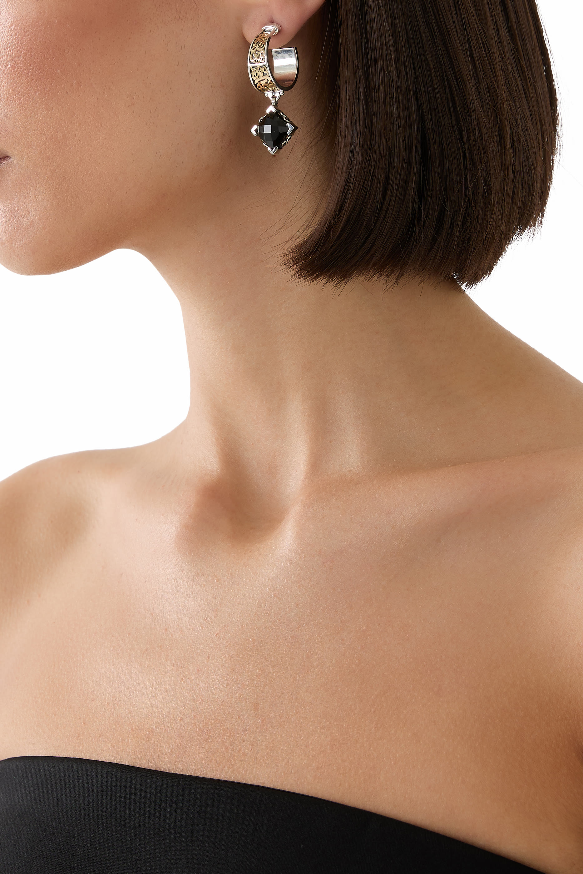 Calligraphy Blessing Earrings, 18k Yellow Gold, Sterling Silver & Onyx