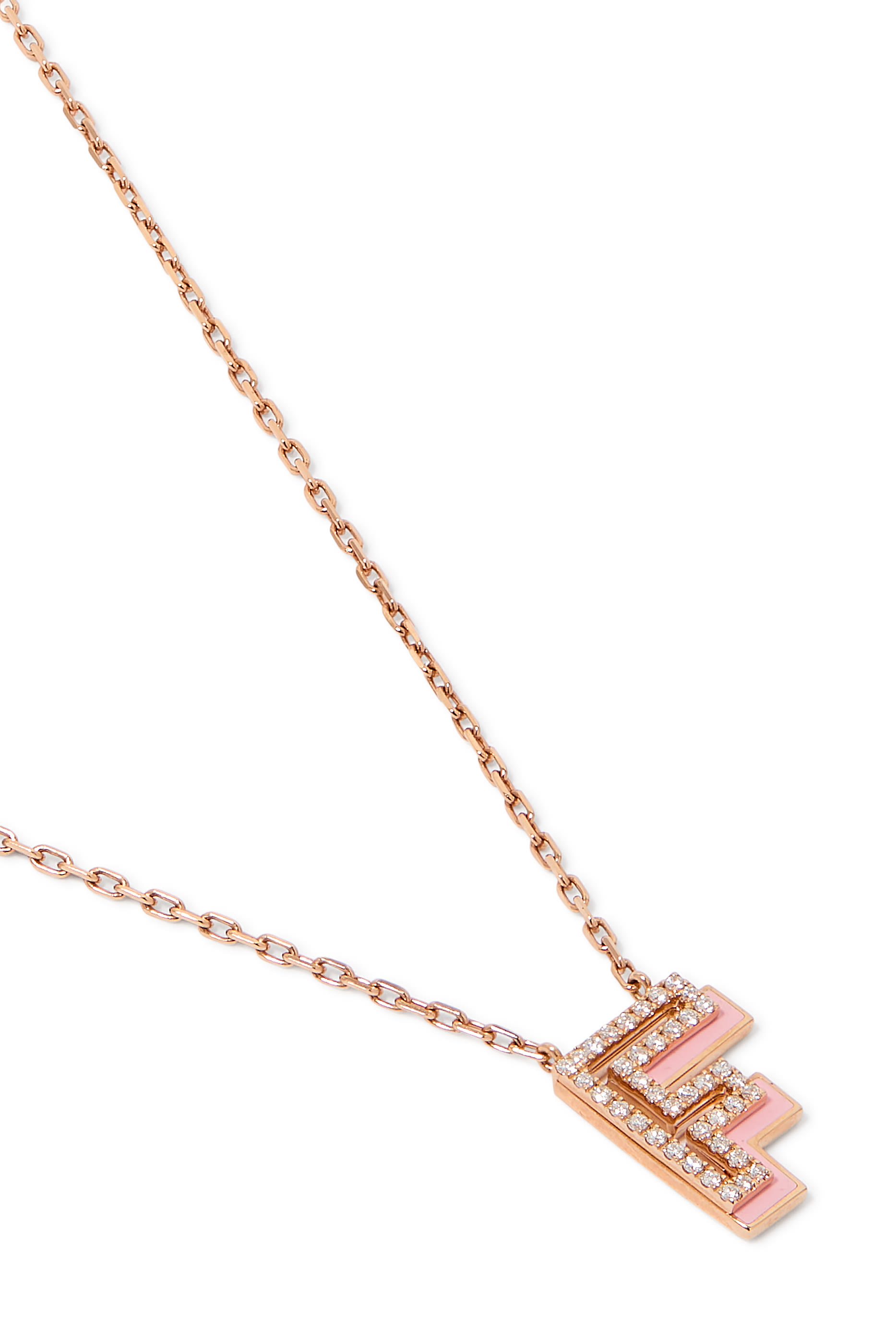 Letter F Silhouette Necklace, 18k Rose Gold with Diamonds & Enamel