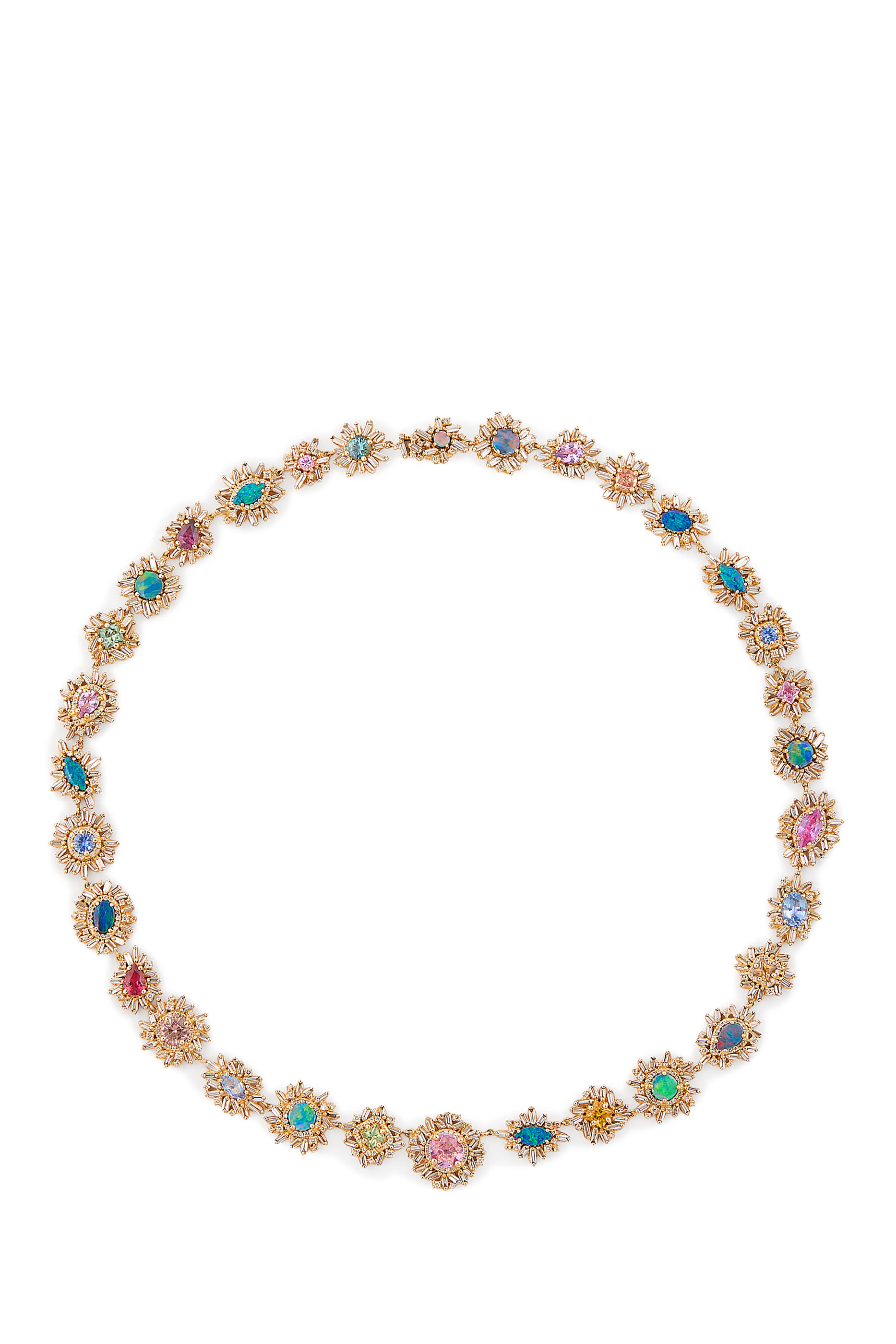 One-of-a-Kind Pastel Flower Riviere Necklace, 18k Yellow Gold & Opal, Sapphire, Diamonds
