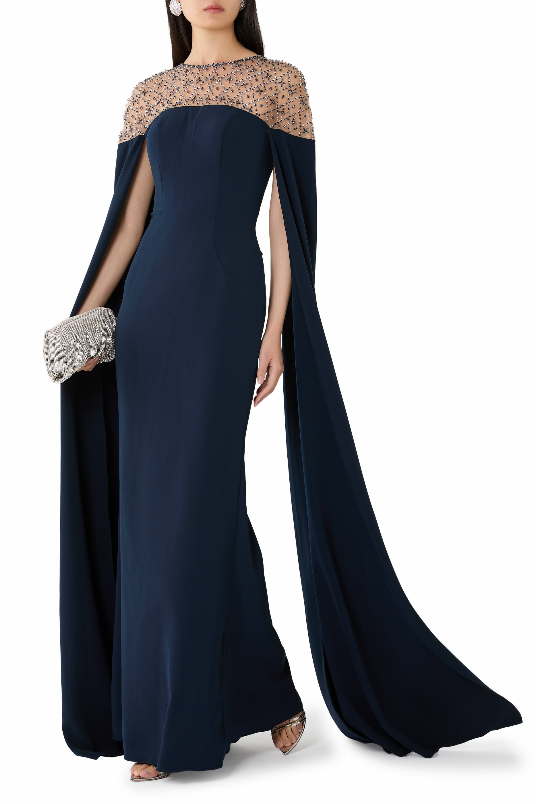Beaded Cape Sleeve Evening Gown
