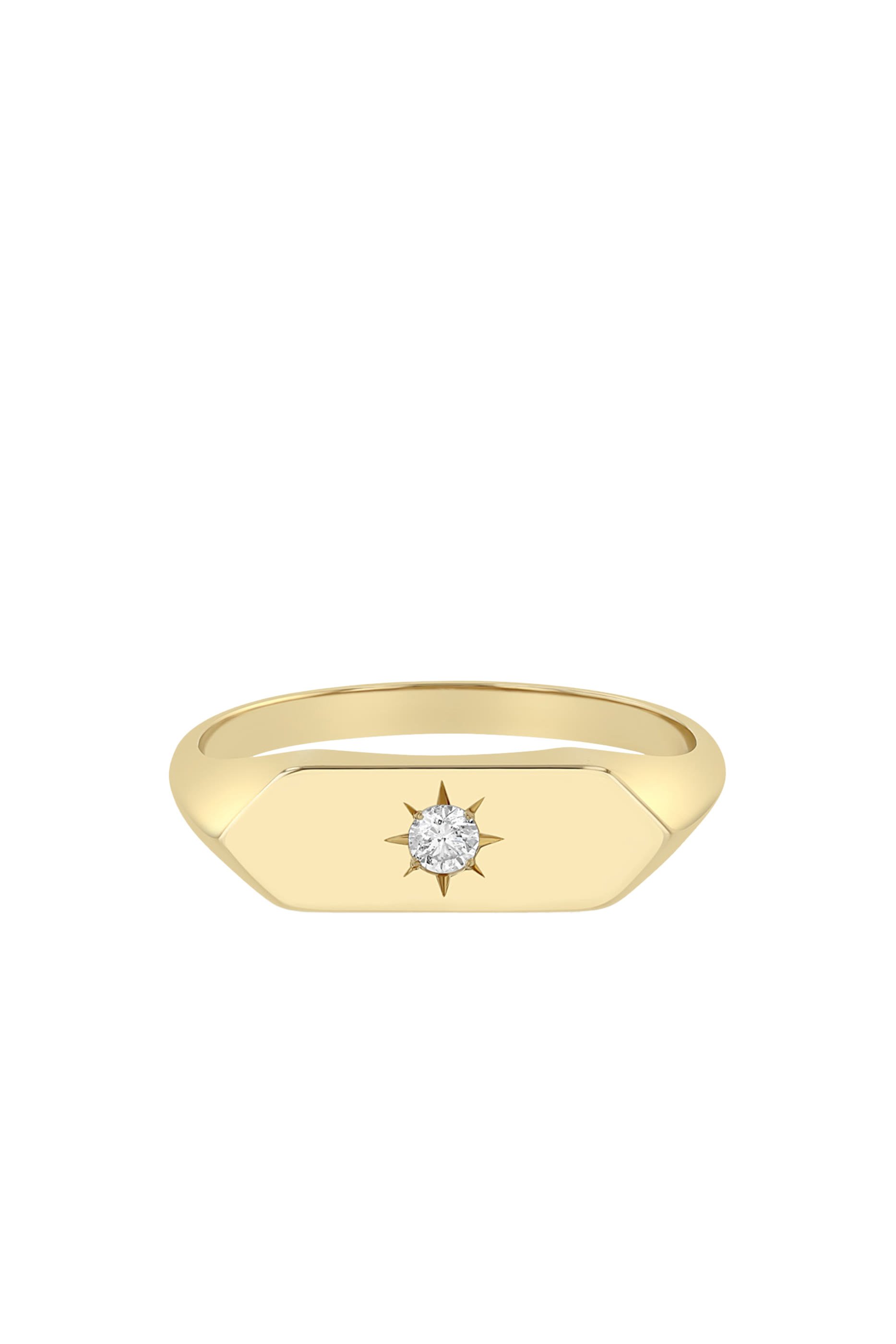  Star Elongated Hexagon Signet Ring, 14K Yellow Gold & Diamond