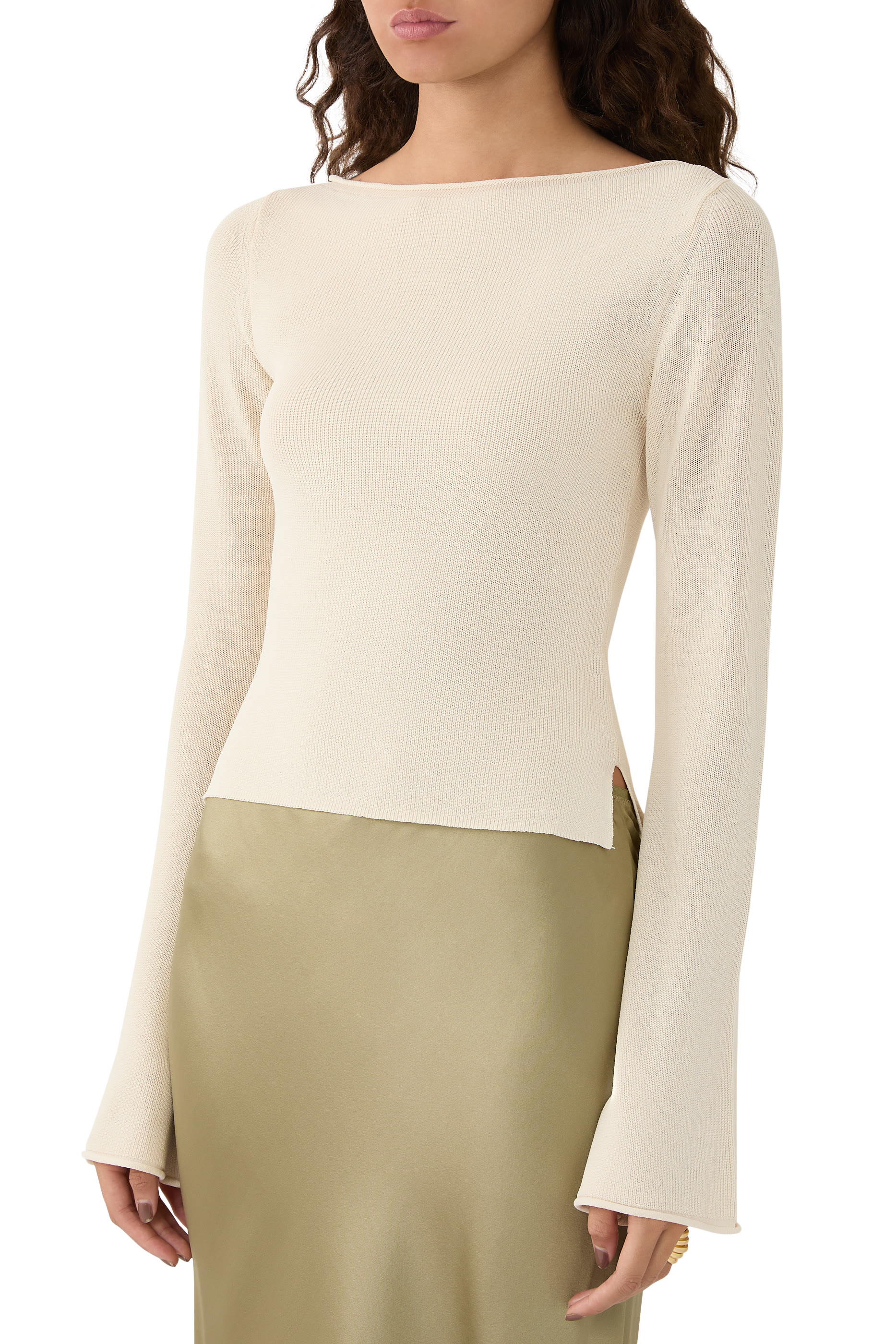 Stretch Rib Knit Boatneck Top