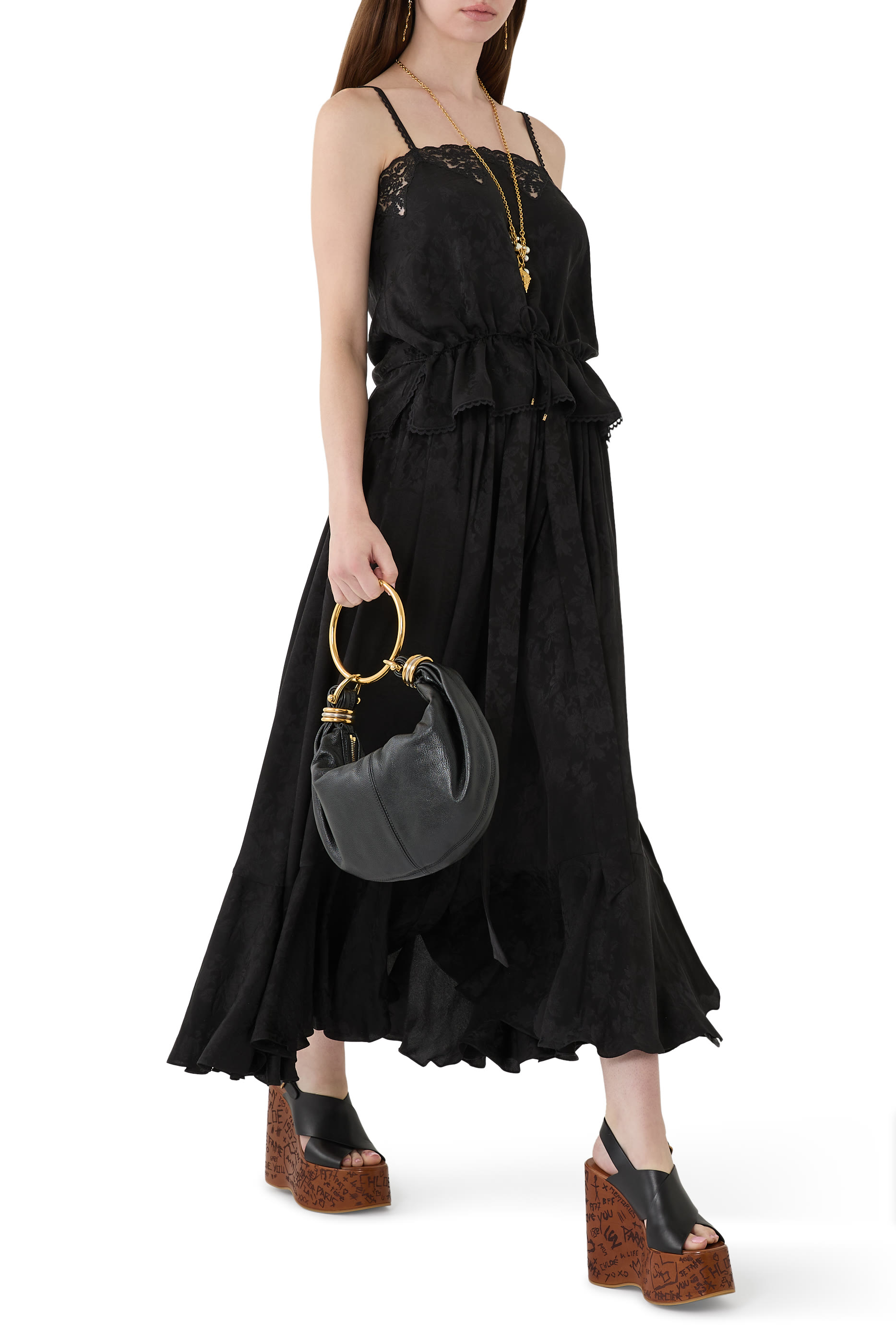 Gathered Midi Skirt in Silk Jacquard