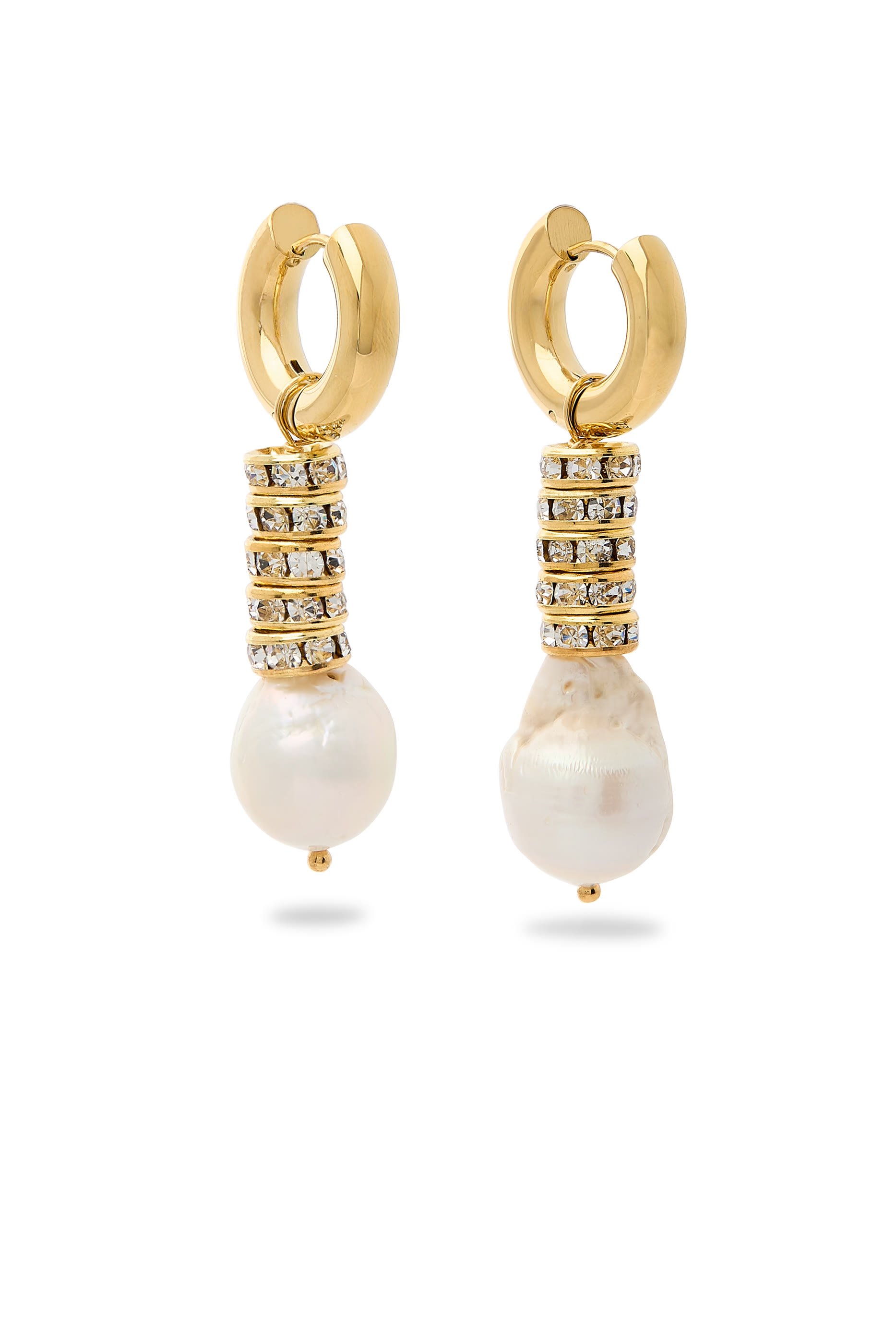 Pearl and Strass Hoop Earrings, 24K Yellow Gold, Pearl & Strass