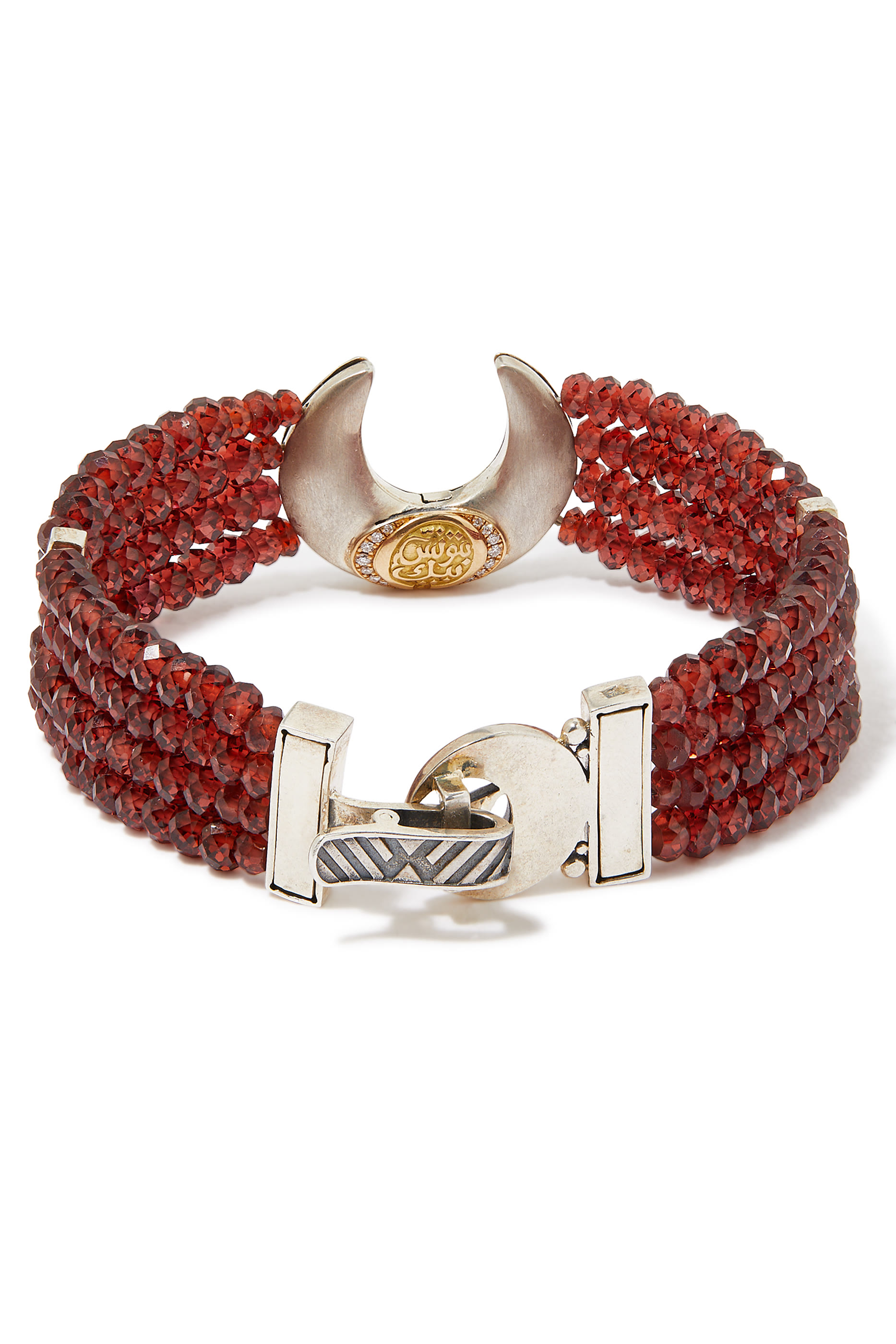 Beaded Crescent Bracelet, 18k Yellow Gold & Sterling Silver with Garnet & Diamonds