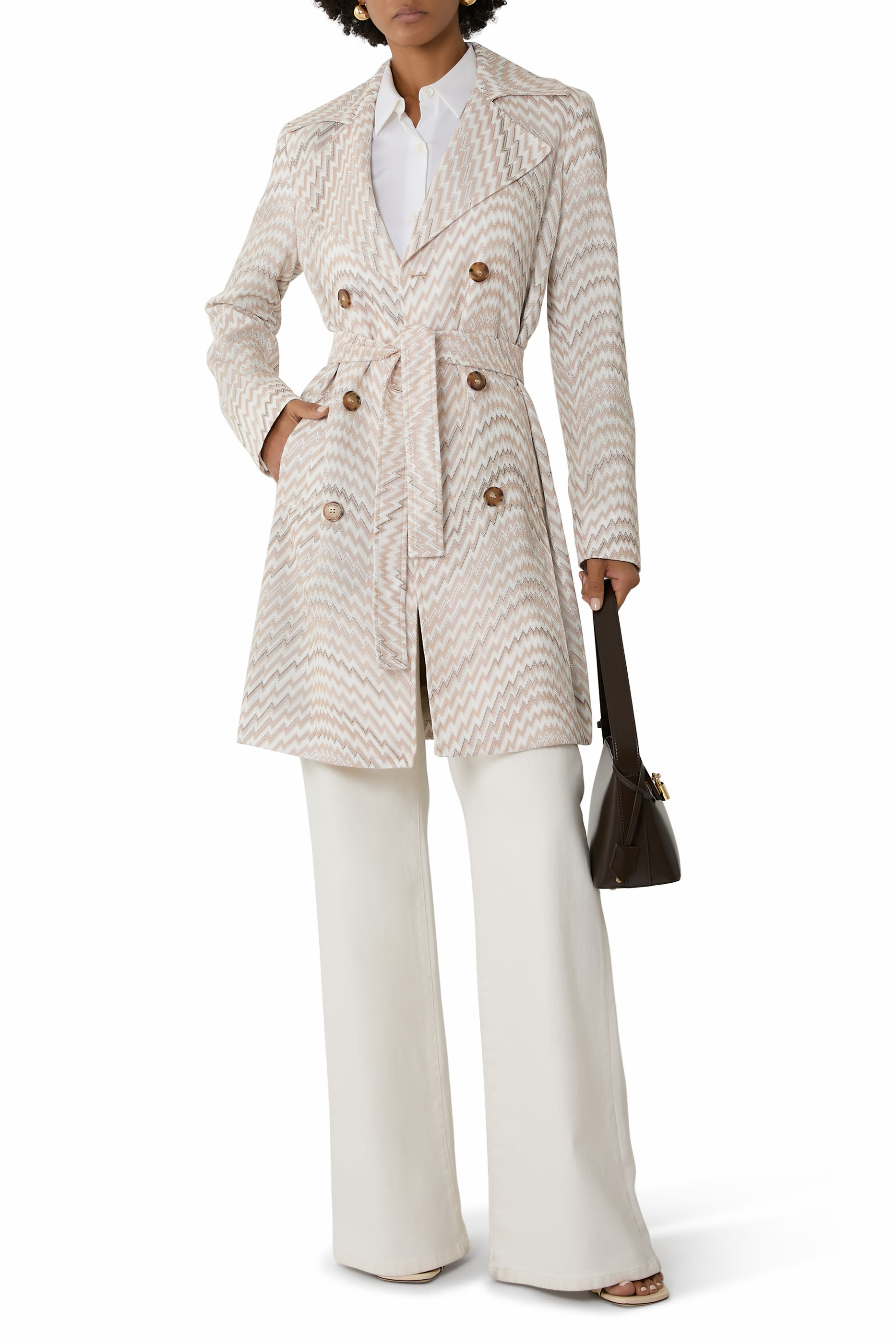 Wavy Zigzag Pattern Double-Breasted Trench Coat