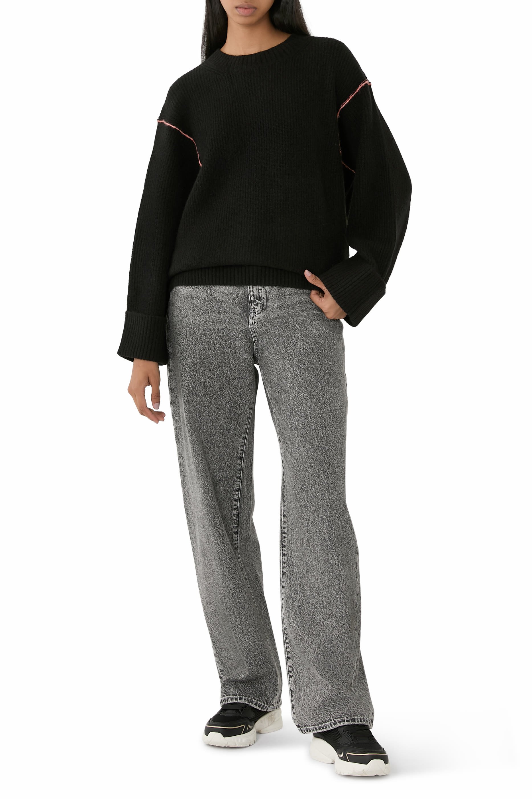 Crew Neck Folded Sleeves Pullover