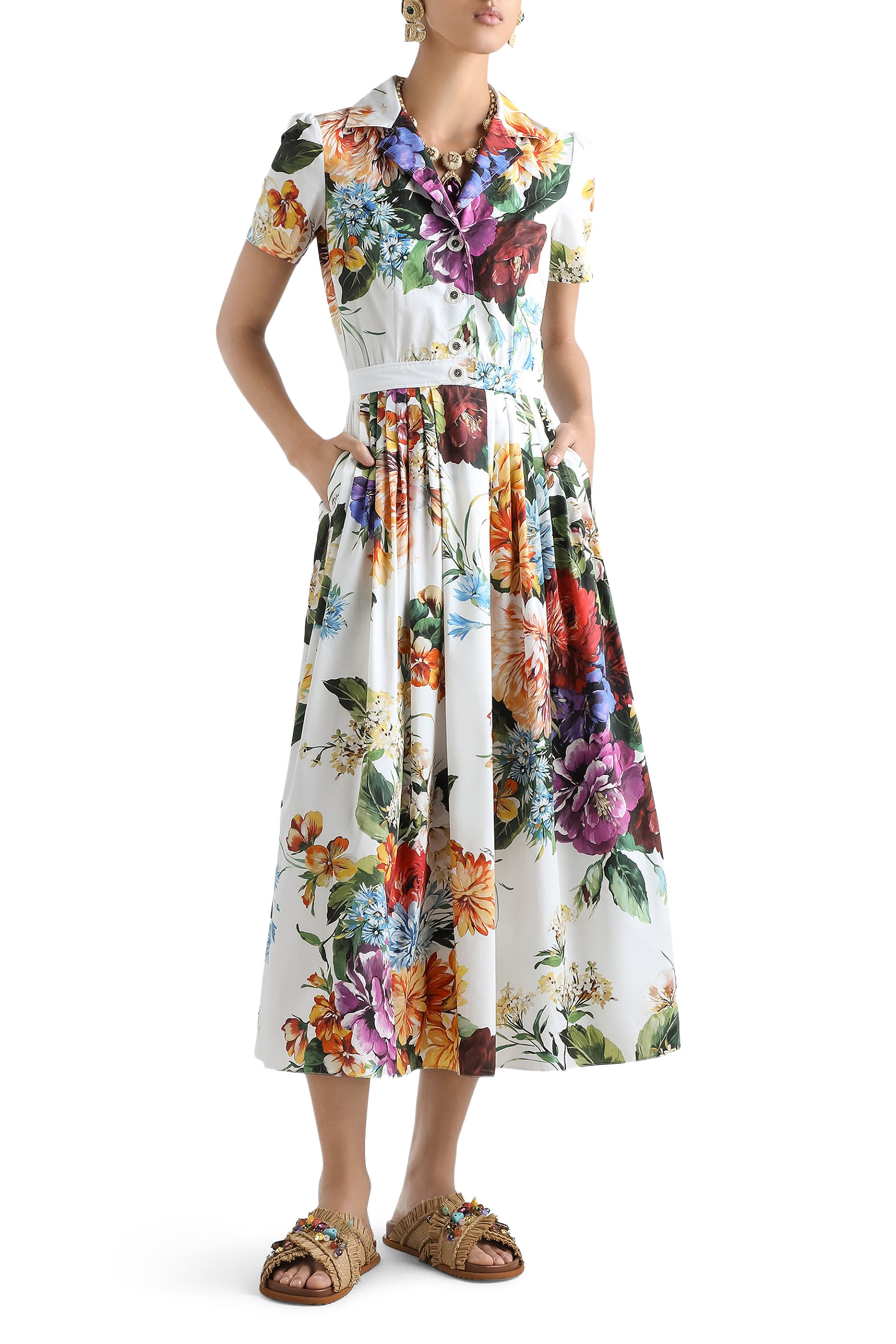 Flower Bouquet-Print Poplin Dress
