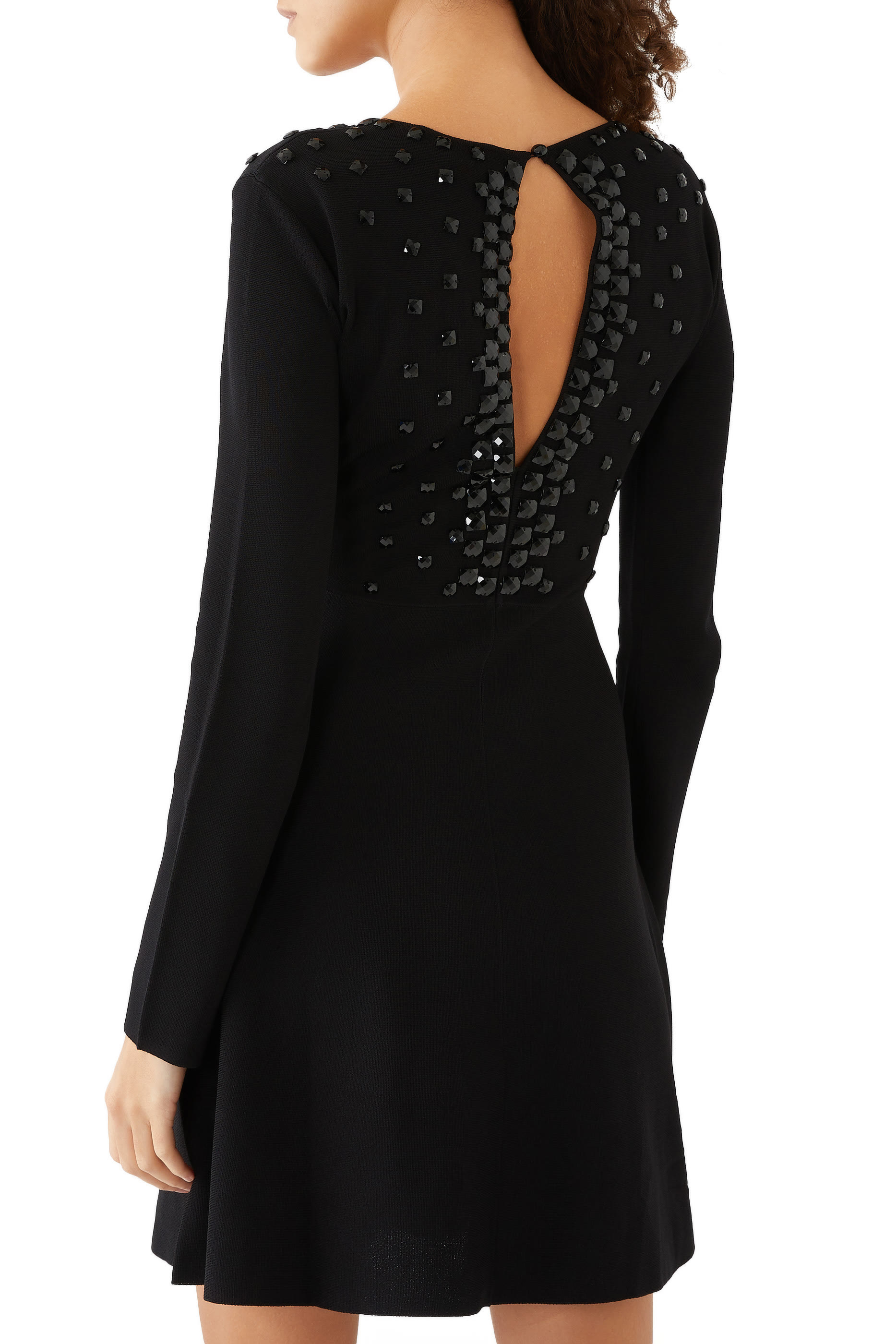 Milano-Stitch Fabric, V-Neck Dress with Cabochon Gemstones