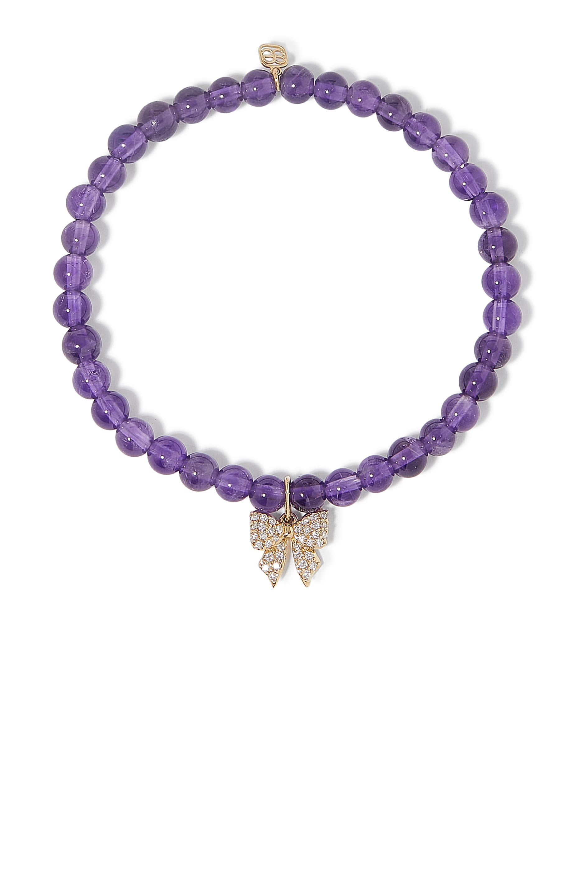 Kids Bow Charm Beaded Bracelet, 14K Yellow Gold &  Amethyst