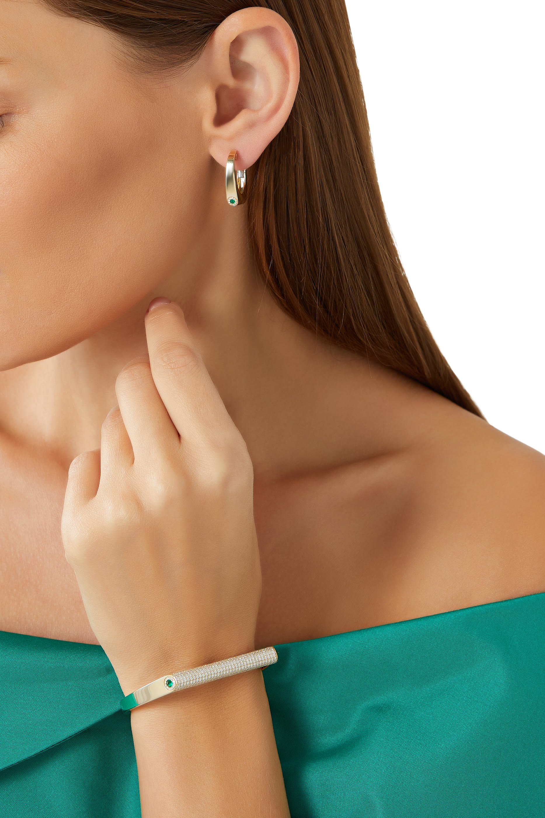 Nano Grace Single Earring, 14K Yellow Gold with Diamonds & Emerald