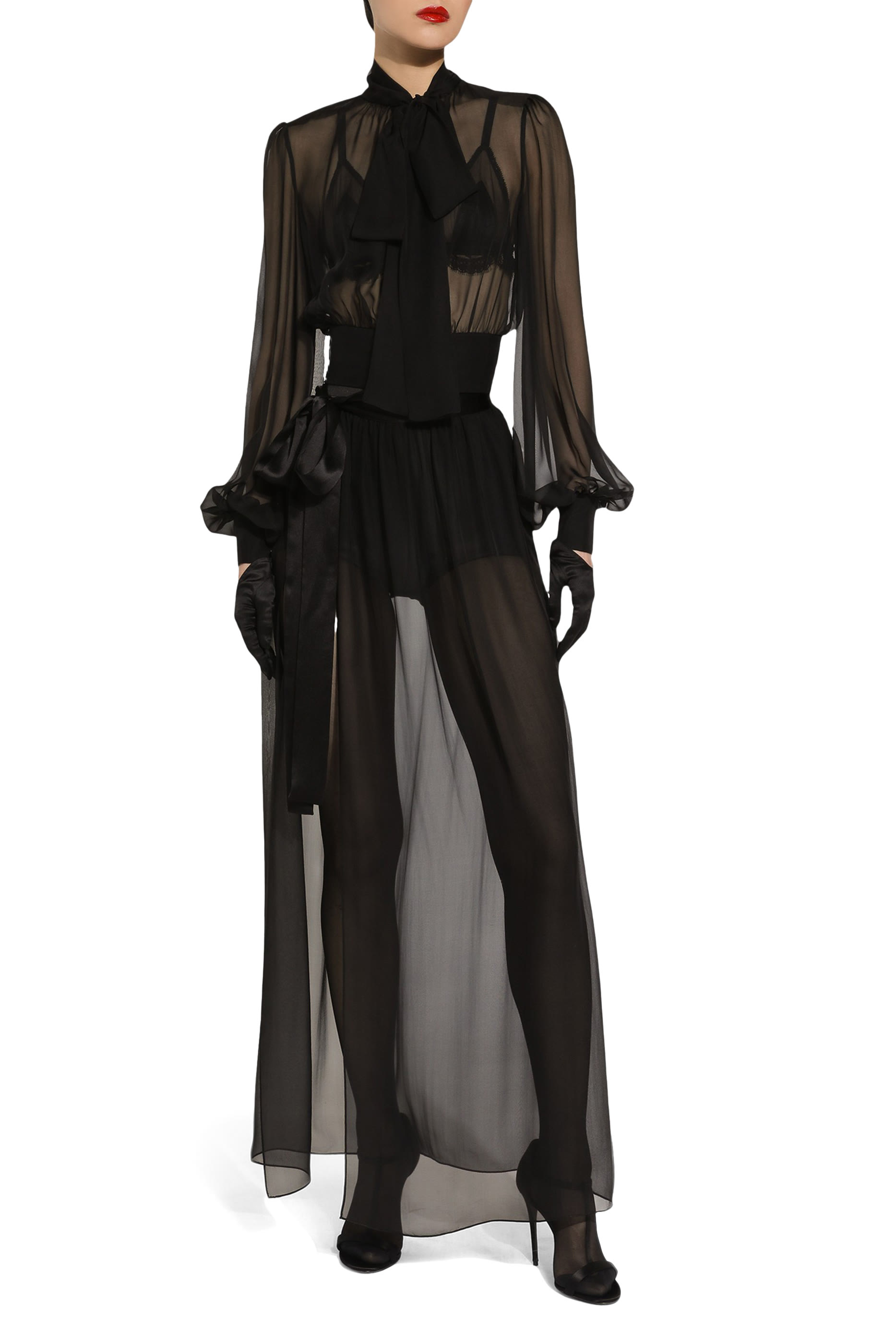 Long Silk Chiffon Skirt with Belt