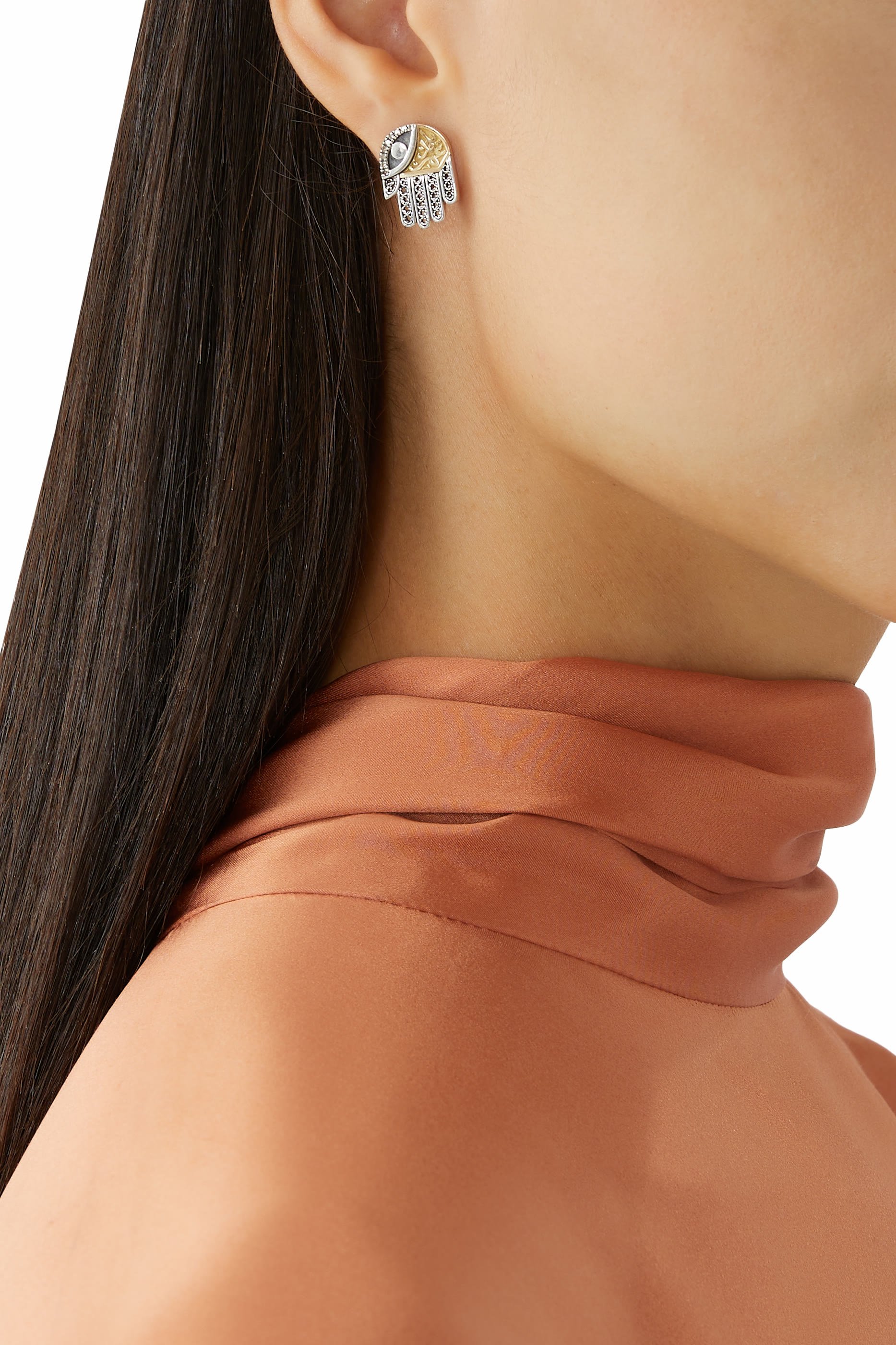 Filigree Kaf Earrings, 18K Gold with Sterling Silver & Champagne Diamonds