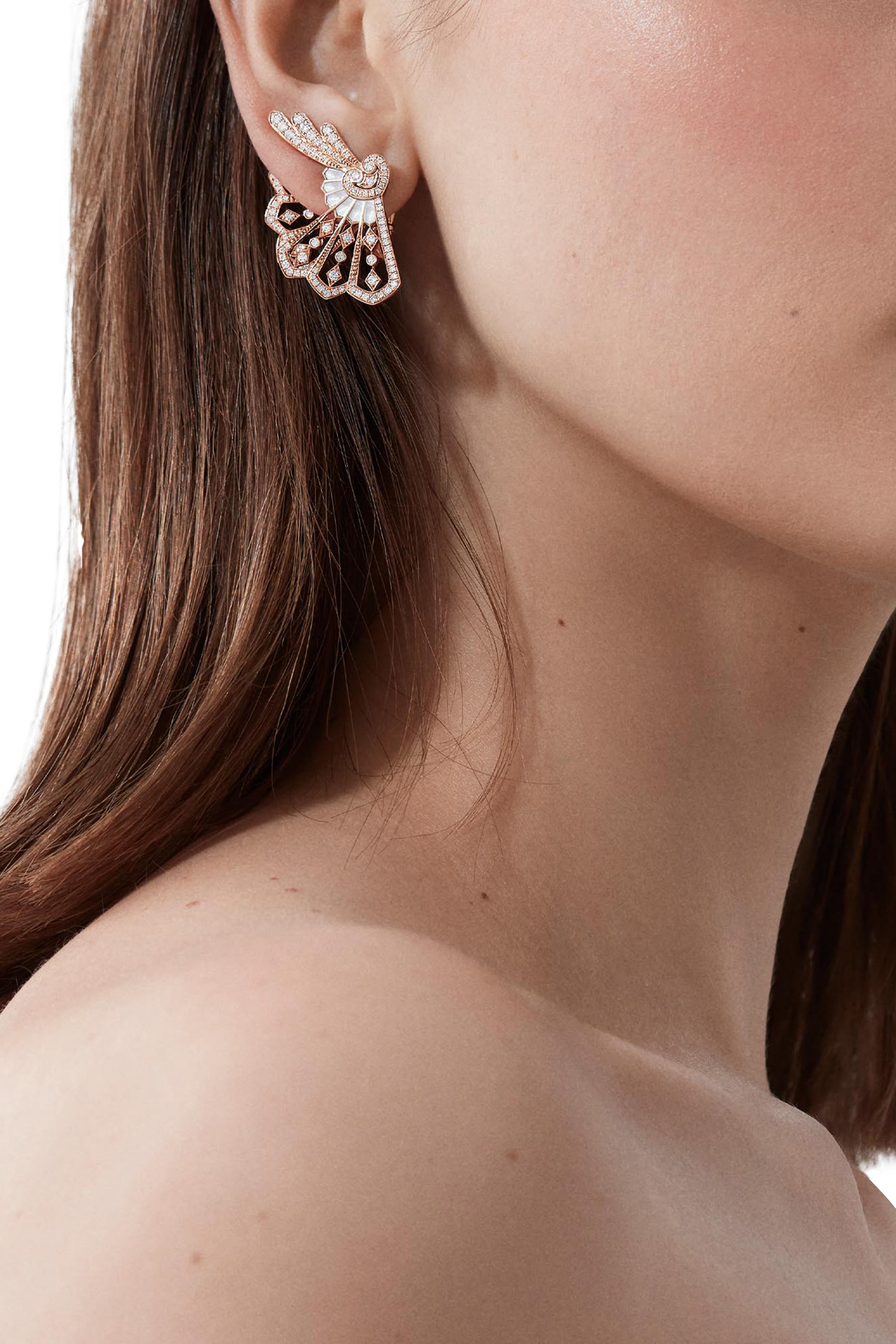 Fanfare Earrings, 18K Rose Gold with Diamonds & Mother of Pearl