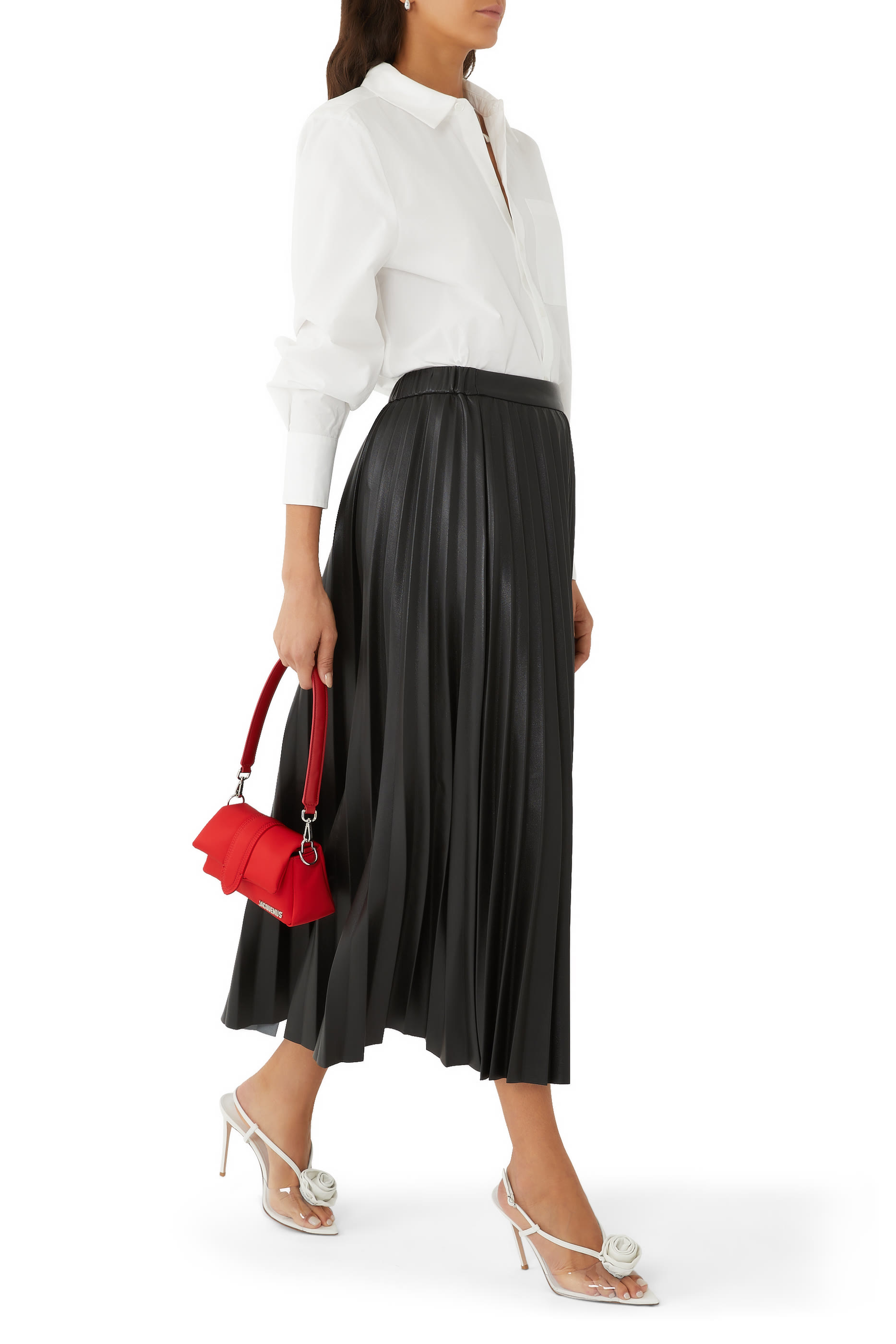 Pleated Vegan Leather Midi Skirt
