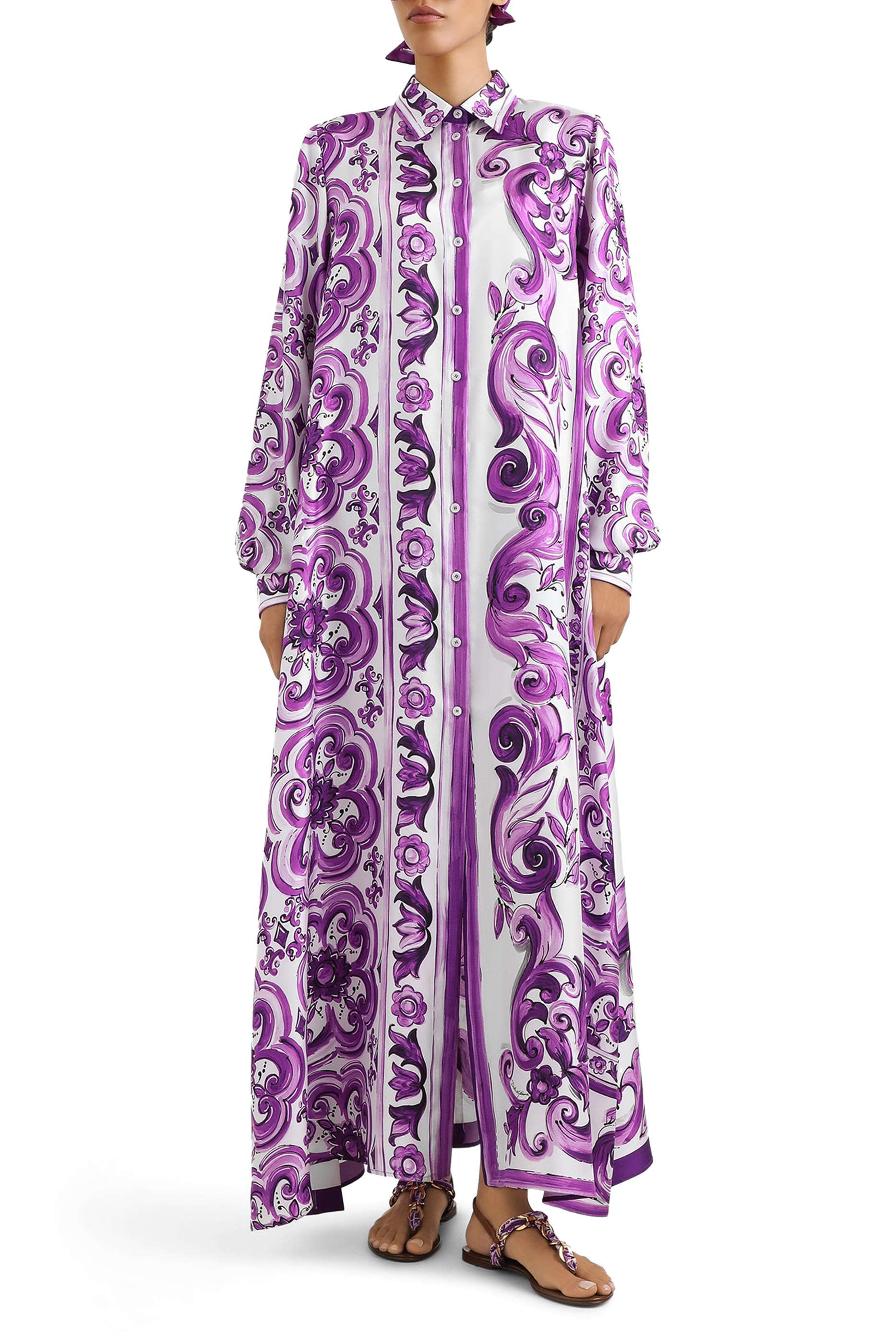 Majolica-Print Long Twill Shirt Dress