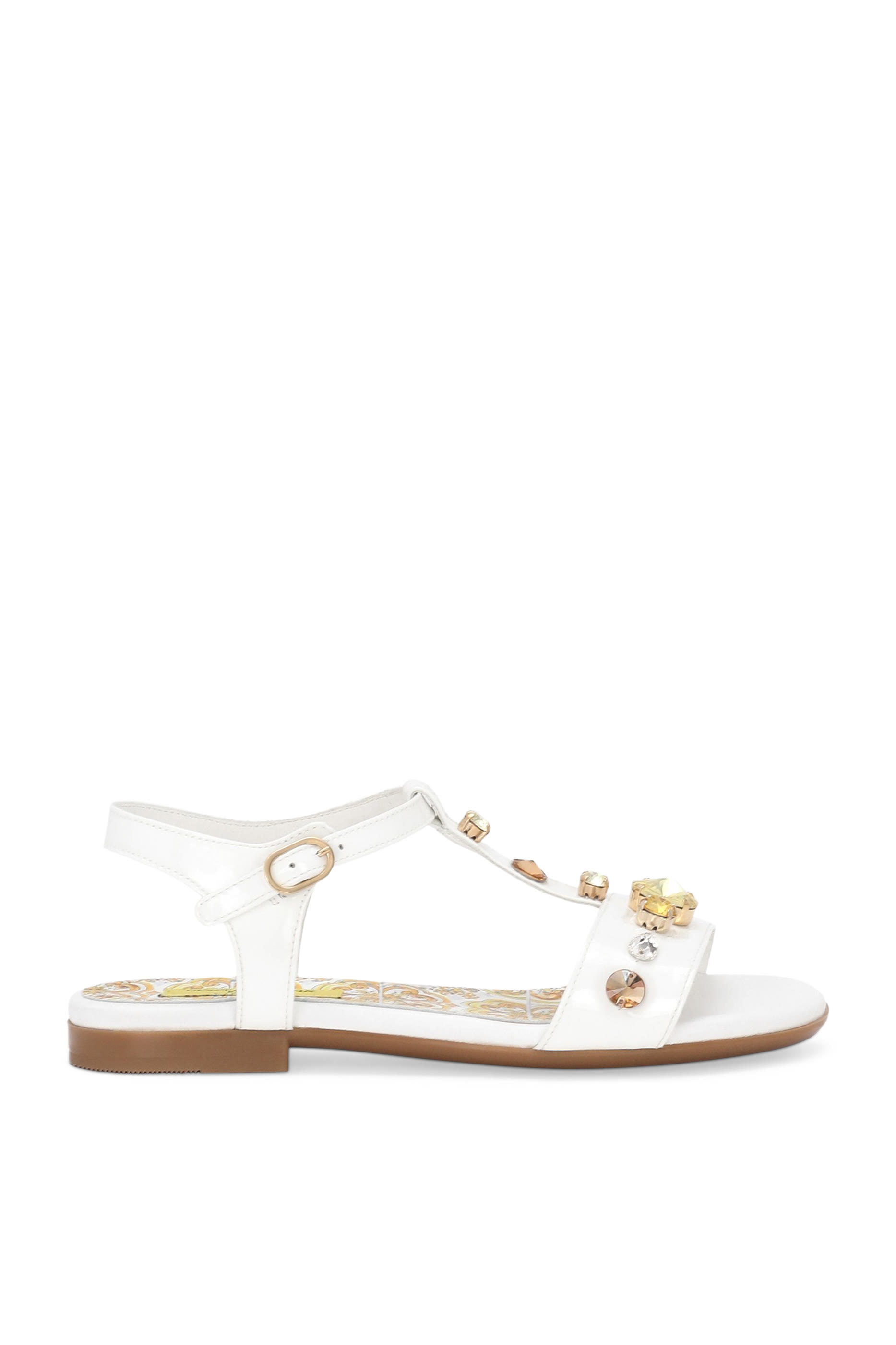 Kids Yellow Majolica Print and Swarovski Crystals Patent Leather Sandals