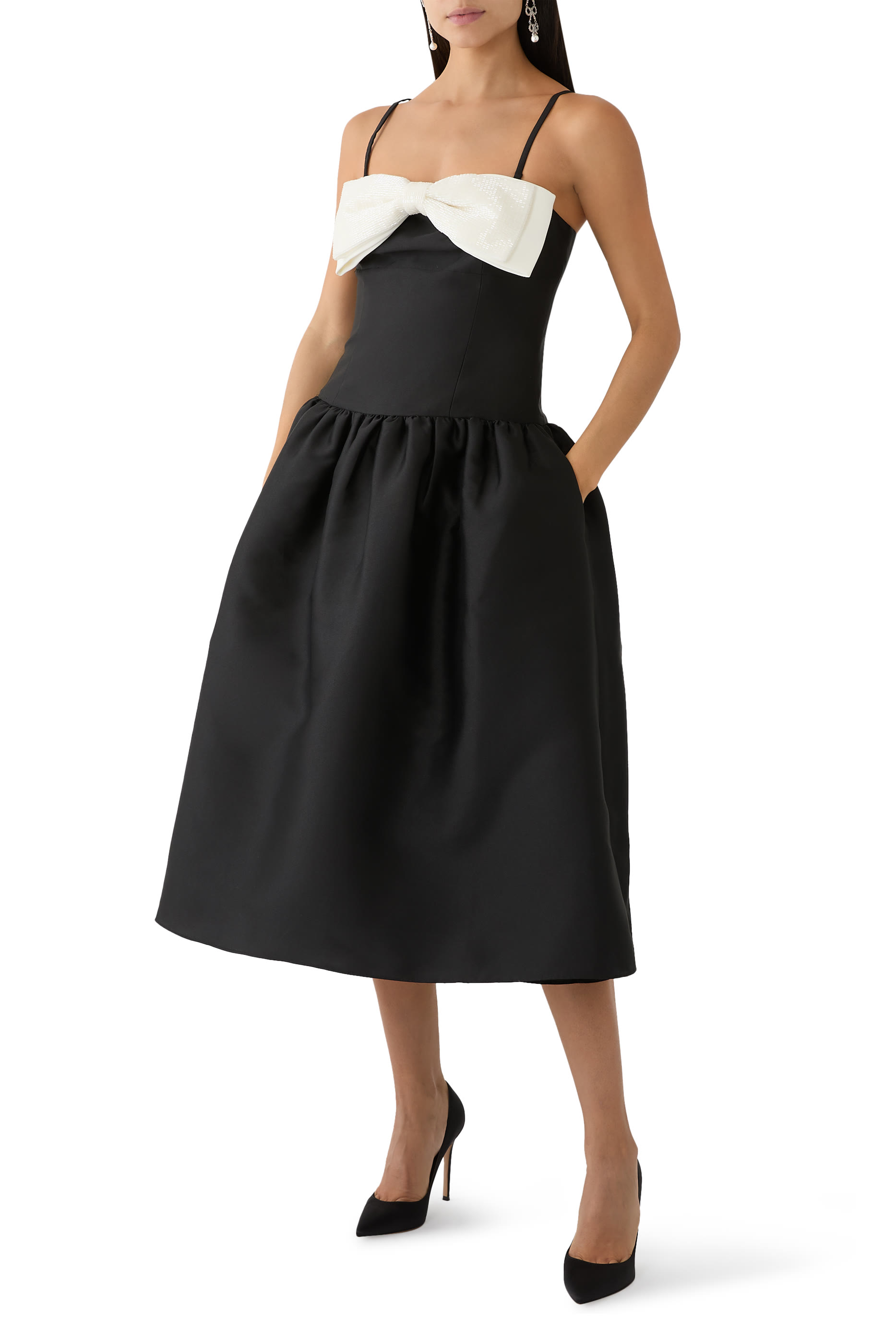 Taffeta Contrast Bow Midi Dress