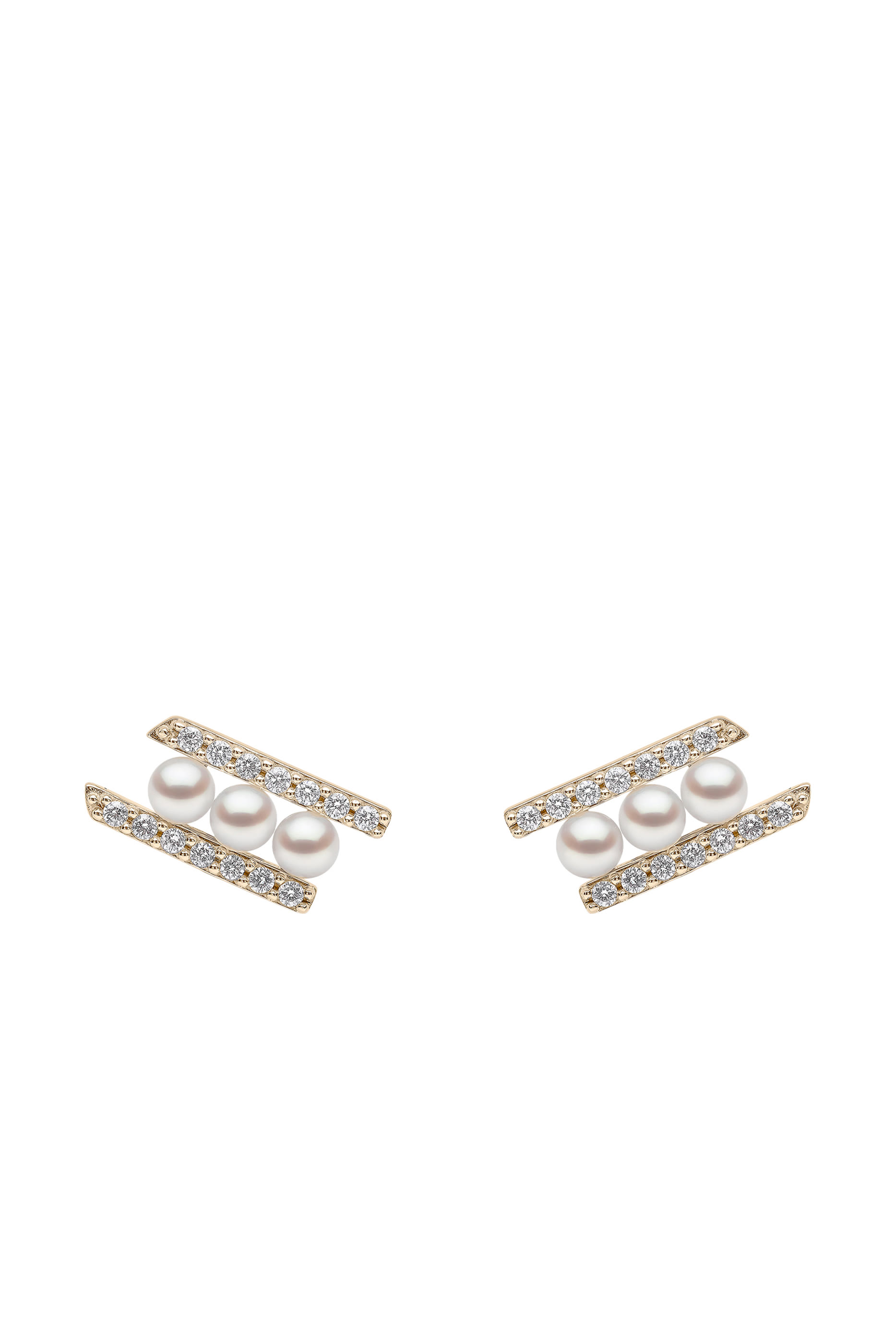 Sleek Bar Stud Earrings, 18k Yellow Gold with Akoya Pearls & Diamonds
