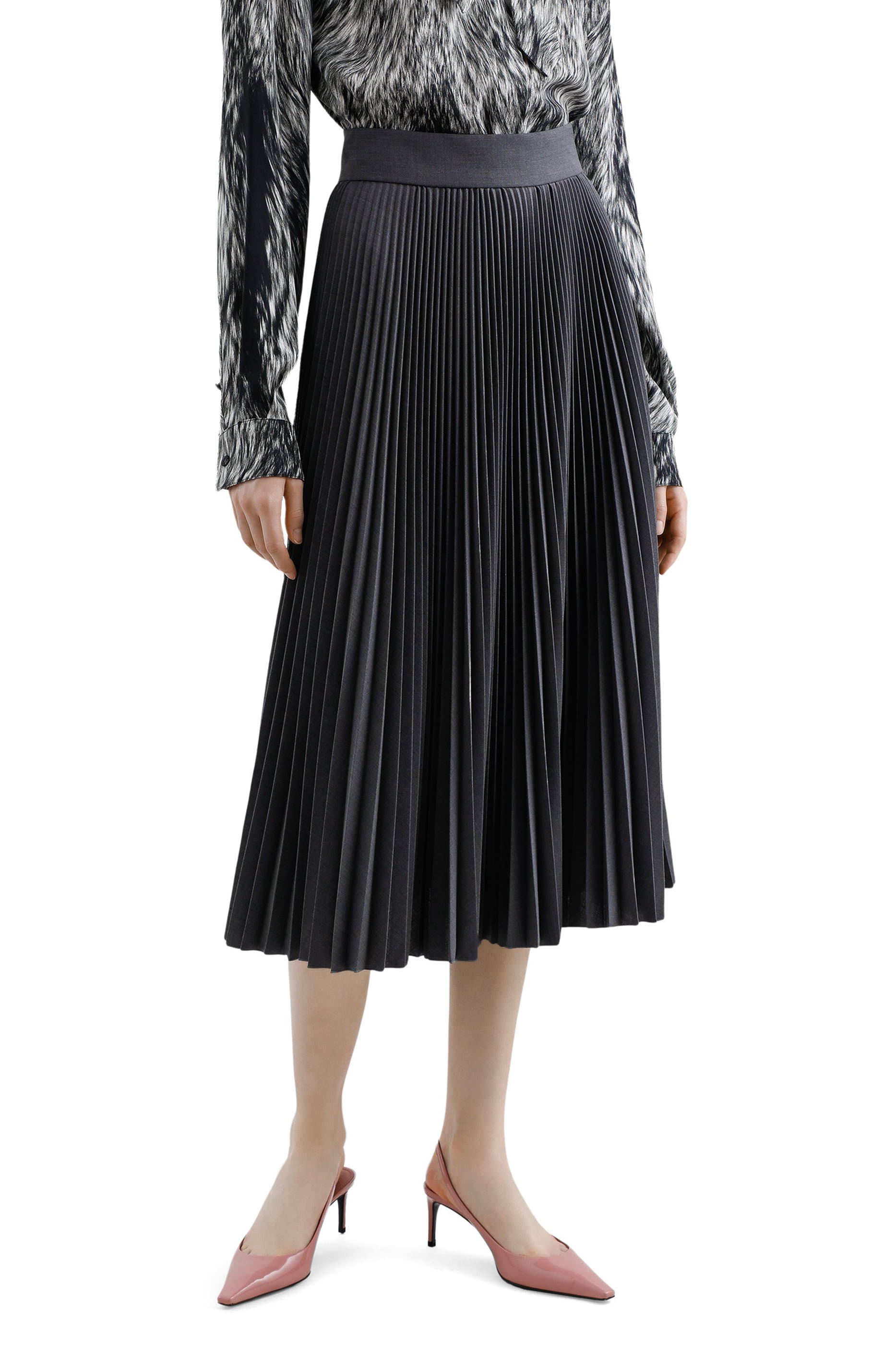 Pleated Woolen Calf-Length Skirt