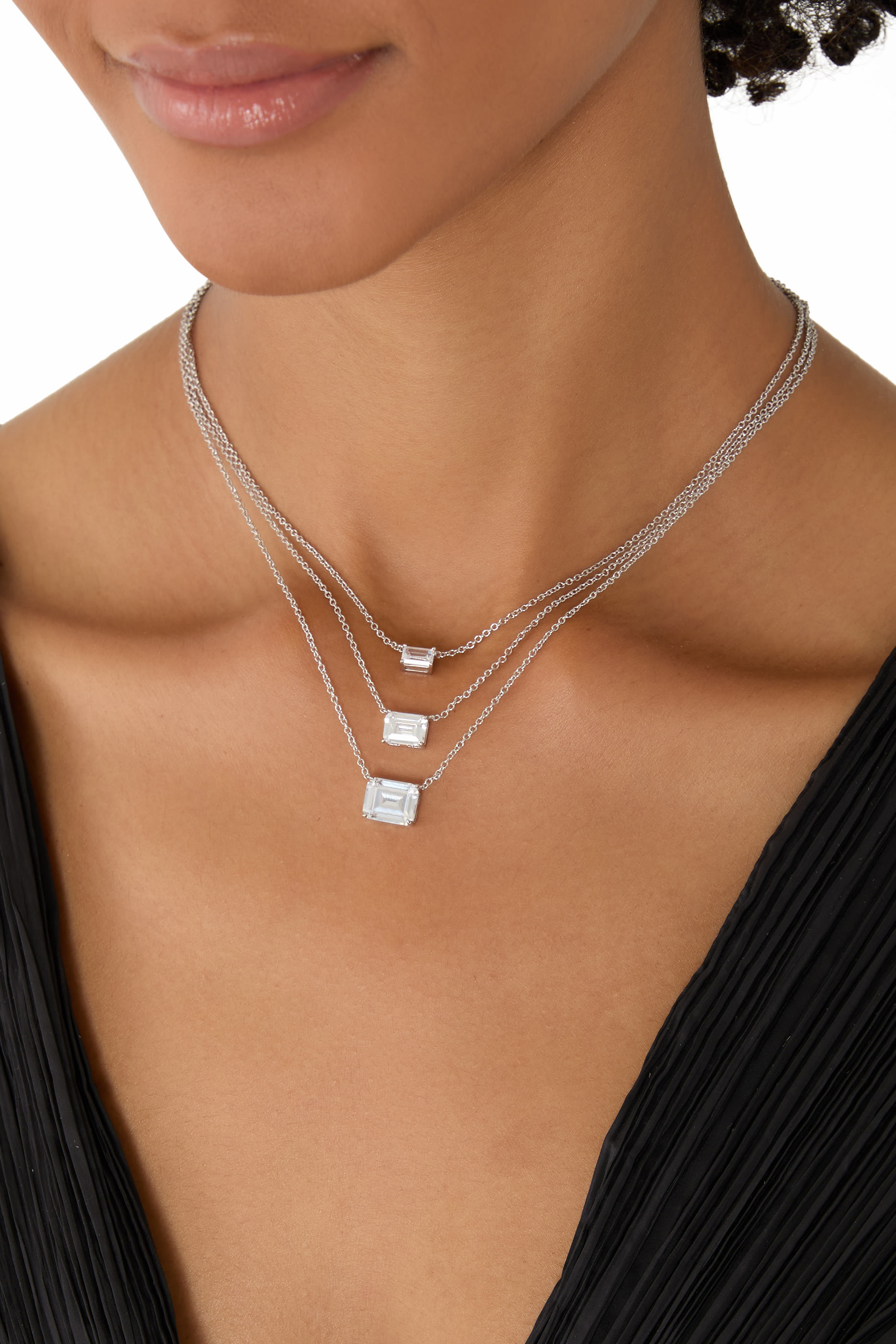  Triple Layered Pendant Necklace, Rhodium Plated Brass & Cubic Zirconia