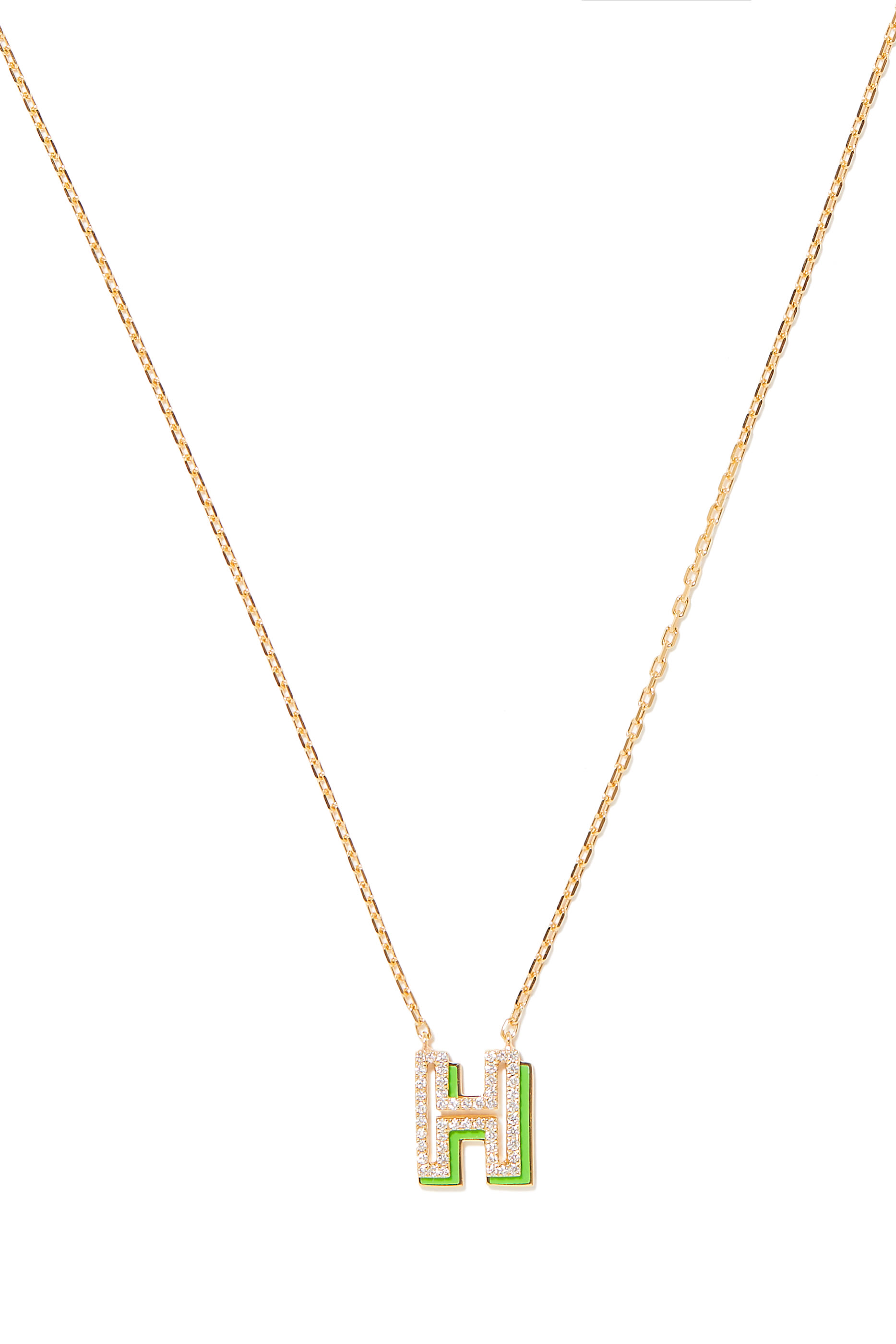 18K YG Silhouette Green Enamel and Diamond Mini Necklace - Letter H