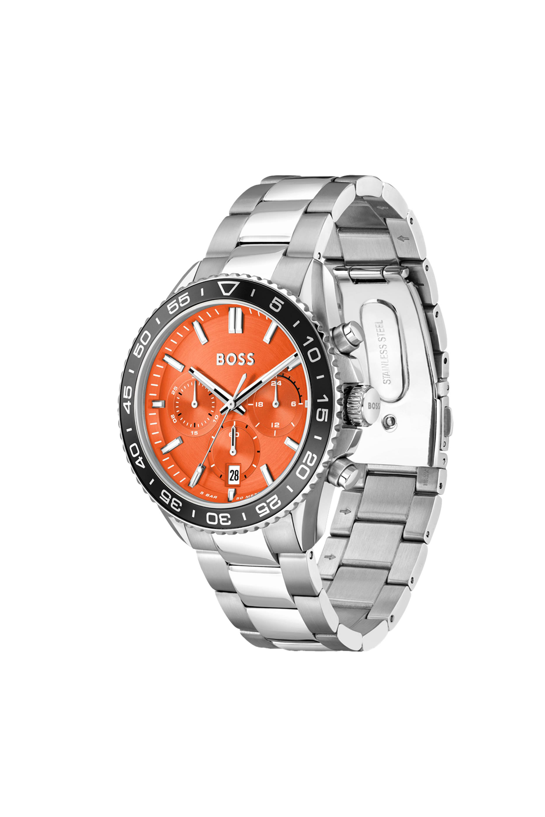 Link Bracelet Chronograph Watch with Orange Dial