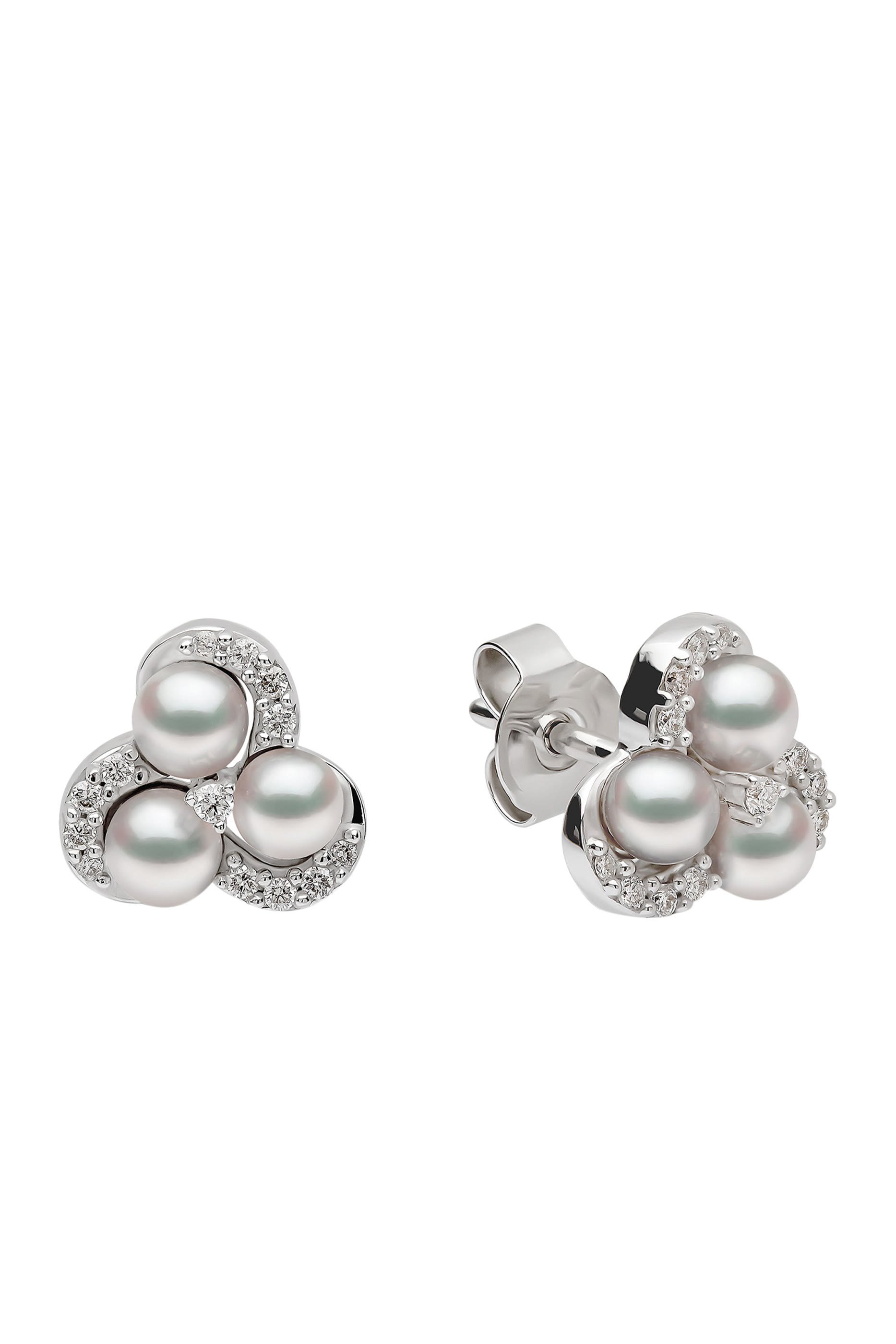 Sleek Cluster Earrings, 18k White Gold with Akoya Pearls & Diamonds