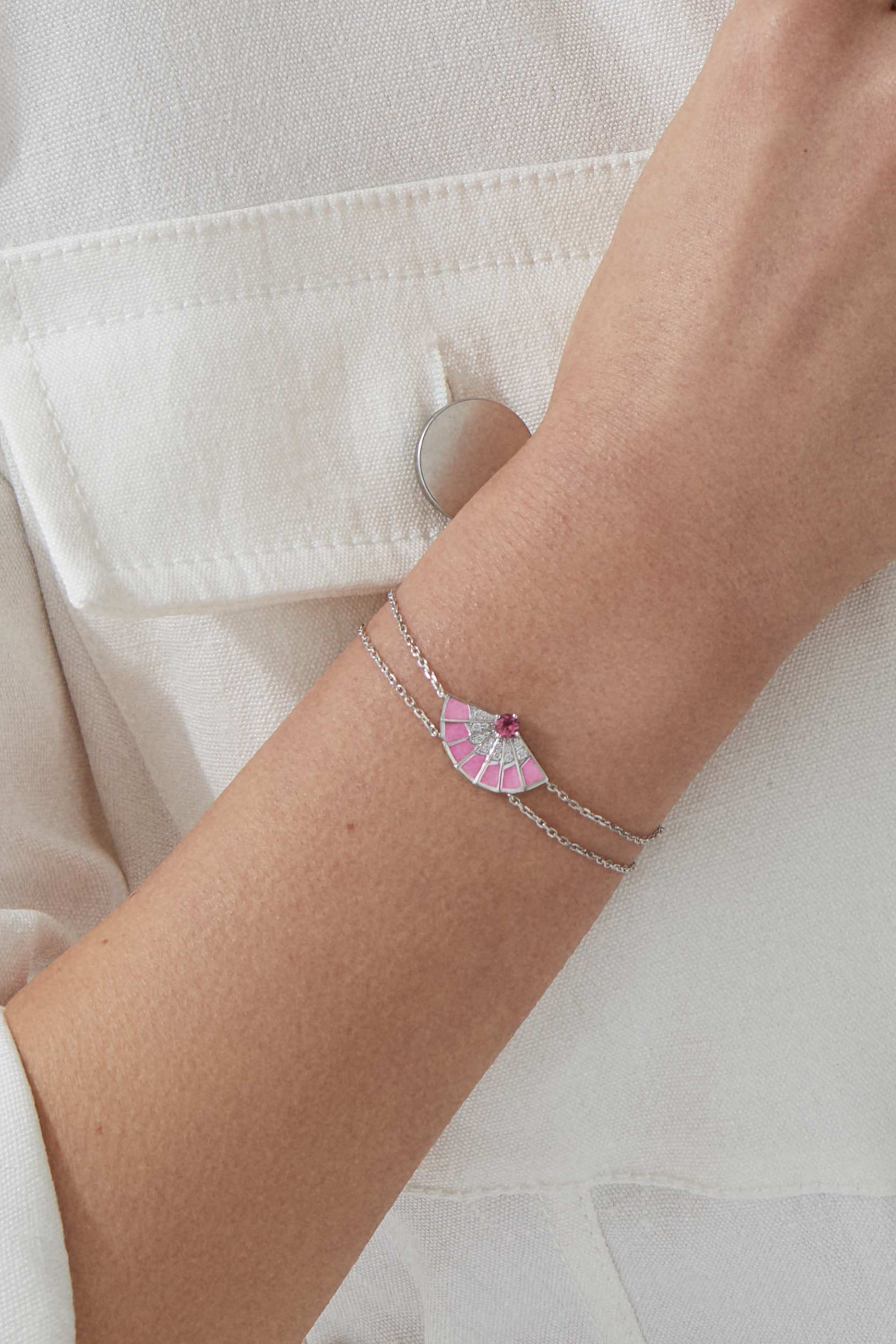 Fanfare Symphony Bracelet, 18K White Gold with Pink Tourmaline, Diamonds & Pink Opal