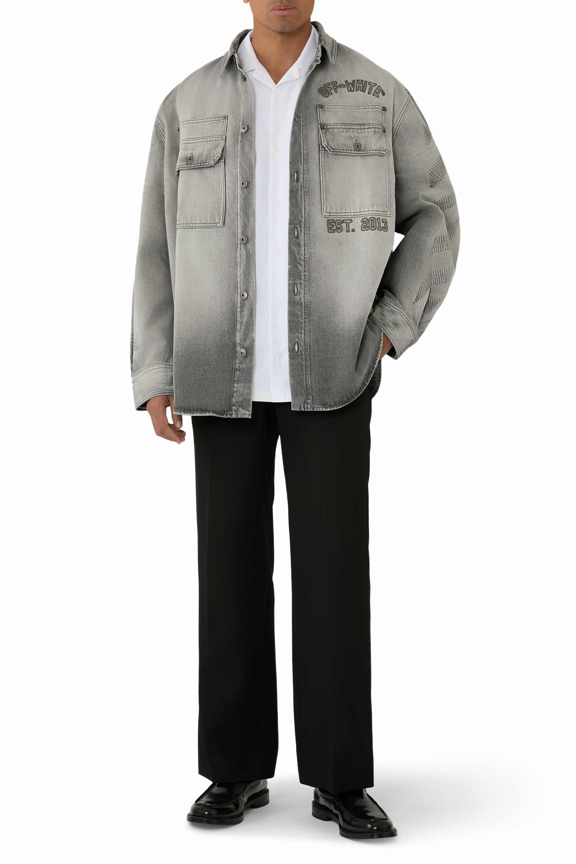 Diagonal Embroidered Denim Military Overshirt