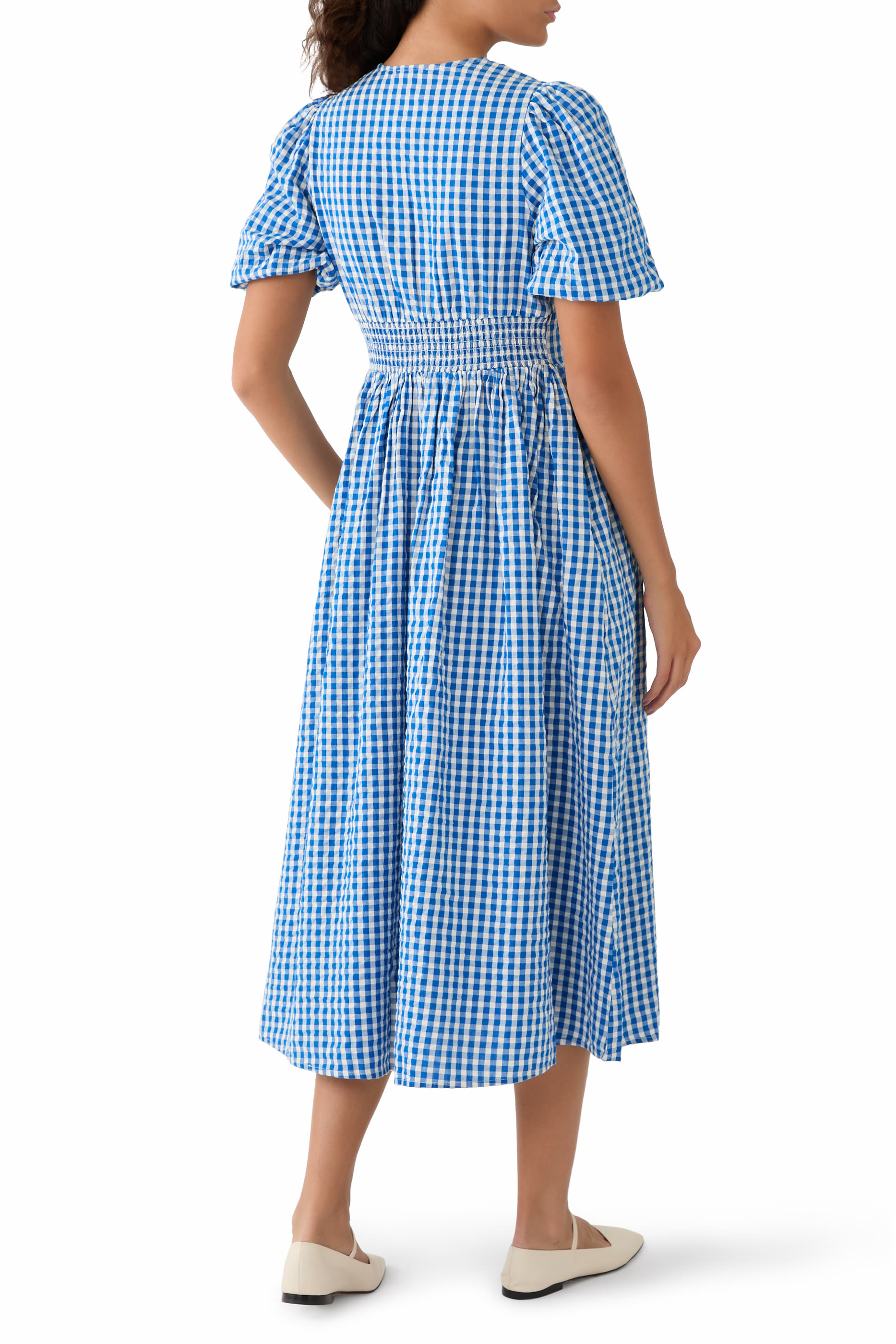 Puff Sleeves Gingham Scottie Midi Dress