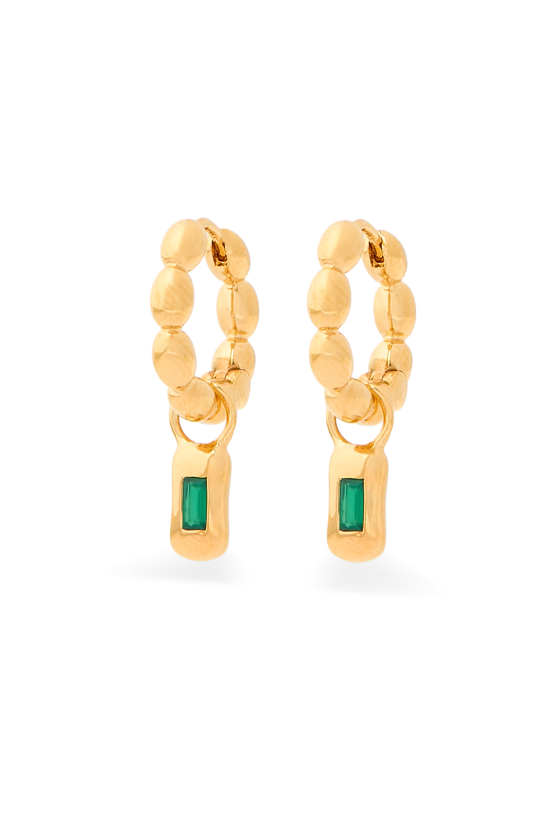 Molten Gemstone Charm Hoop Earrings,  18k Recycled Gold Plated Vermeil on Recycled Sterling Silver & DyedGreen Onyx
