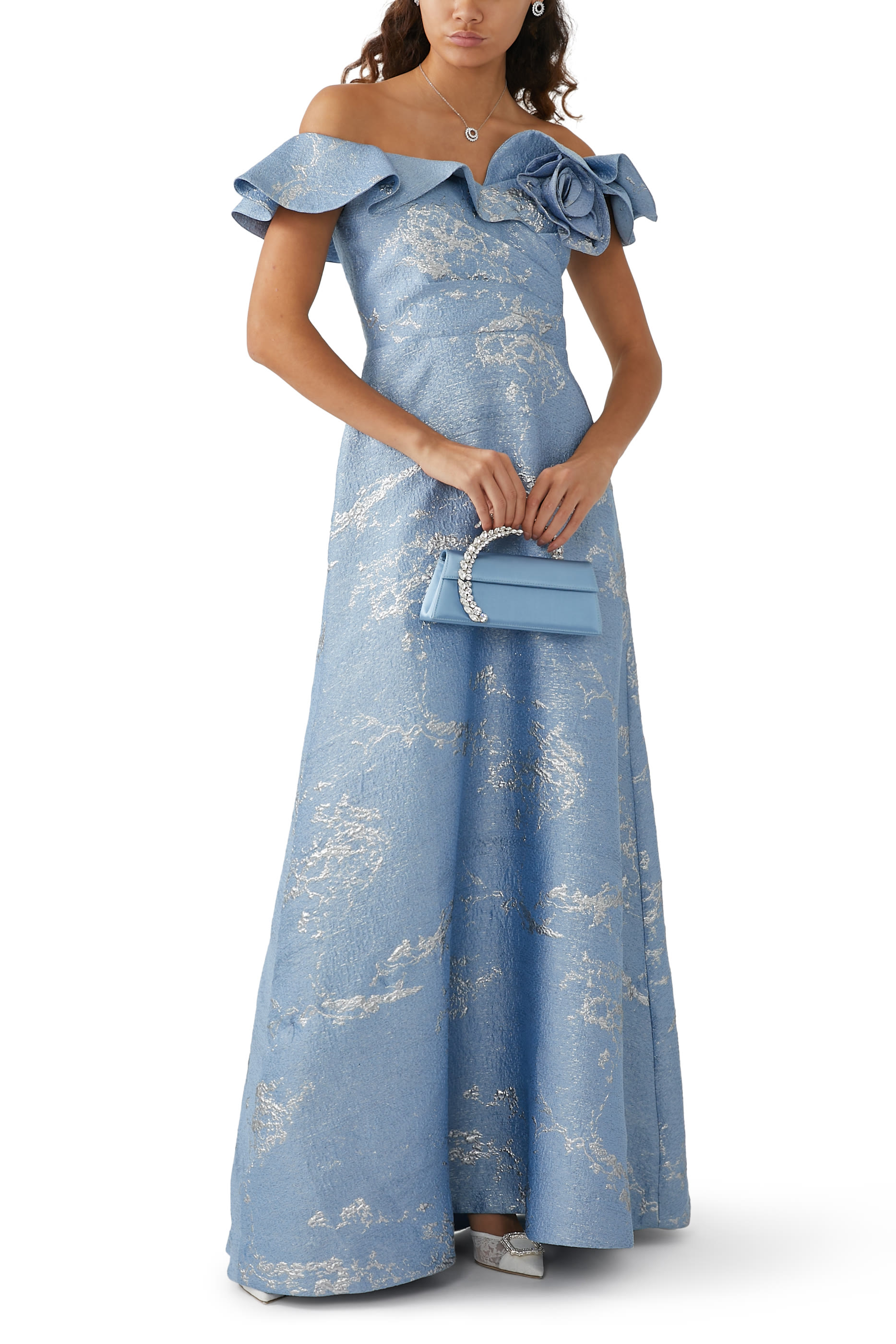 Off Shoulder Jacquard Ruffle Gown with Flower Applique