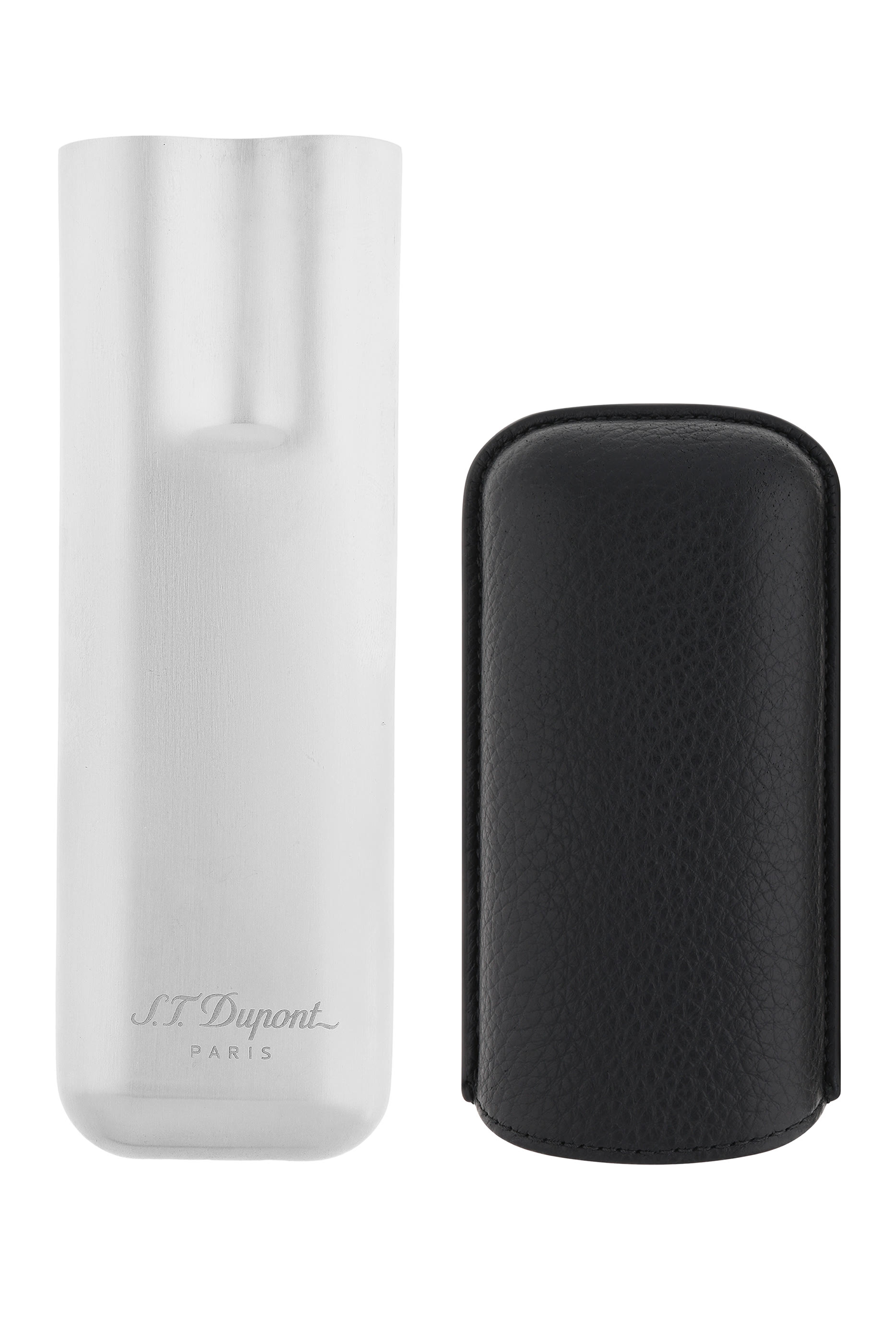 Double Cigar Case in Grained Leather & Chrome