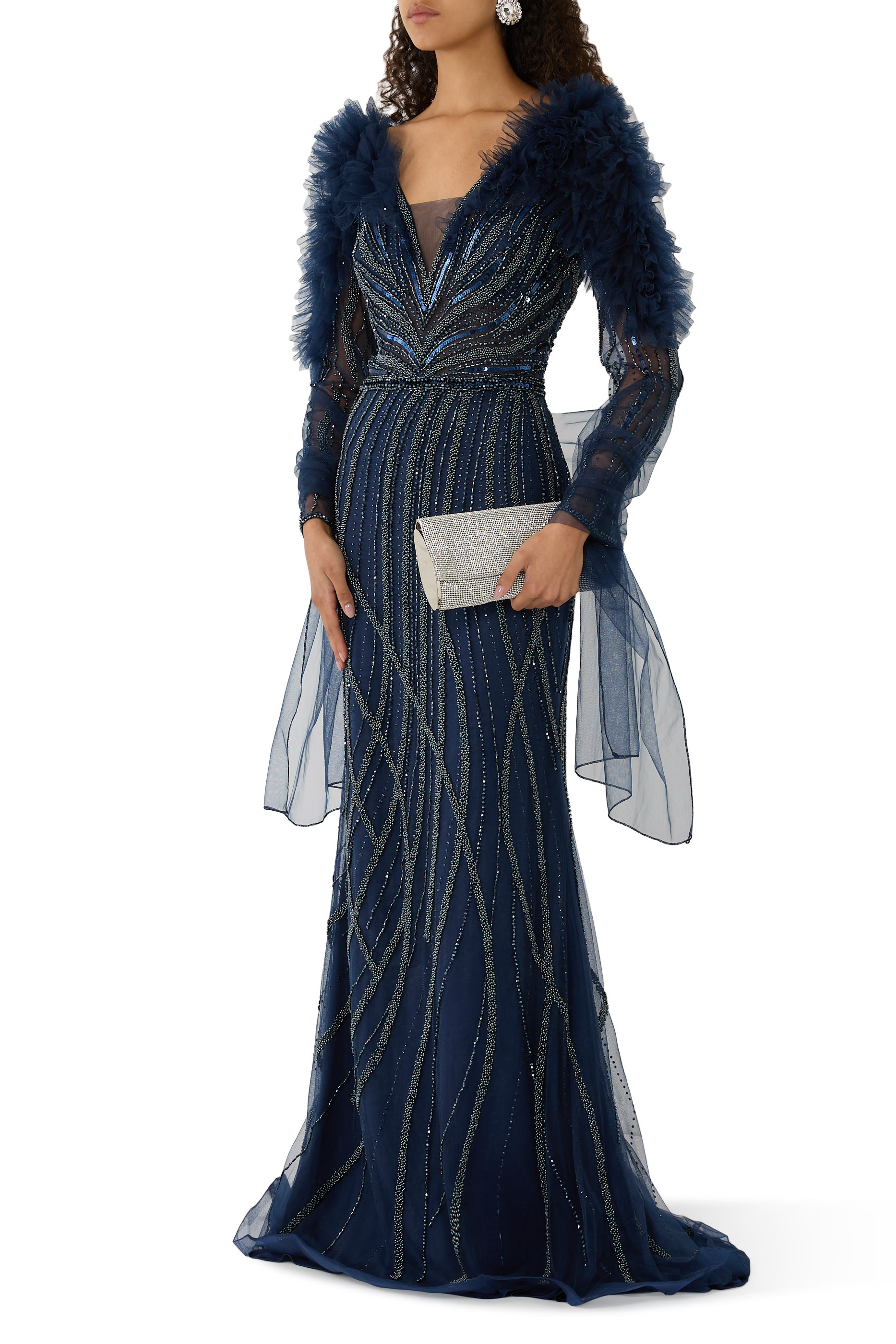 Luxurious Sequined Evening Gown with Sheer Sleeves