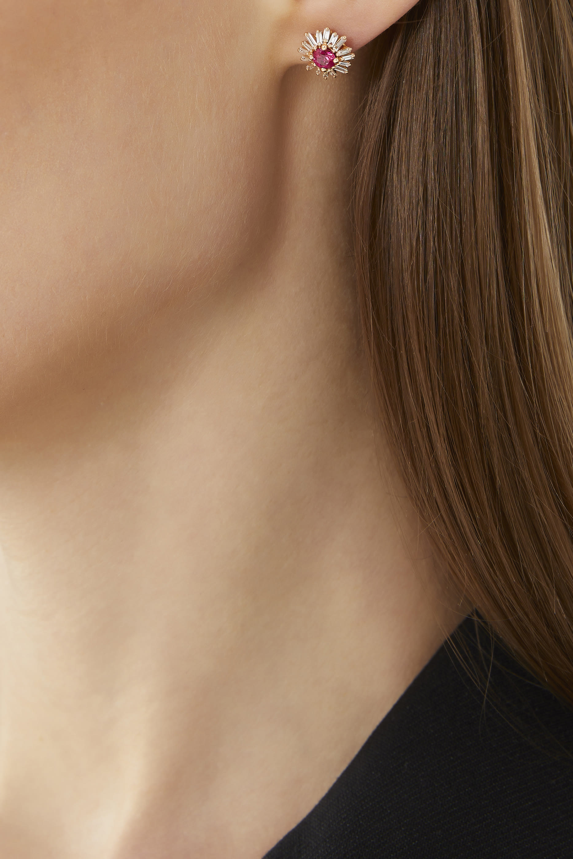 One of a Kind Stud Earrings, 18k Gold with Ruby & Diamond