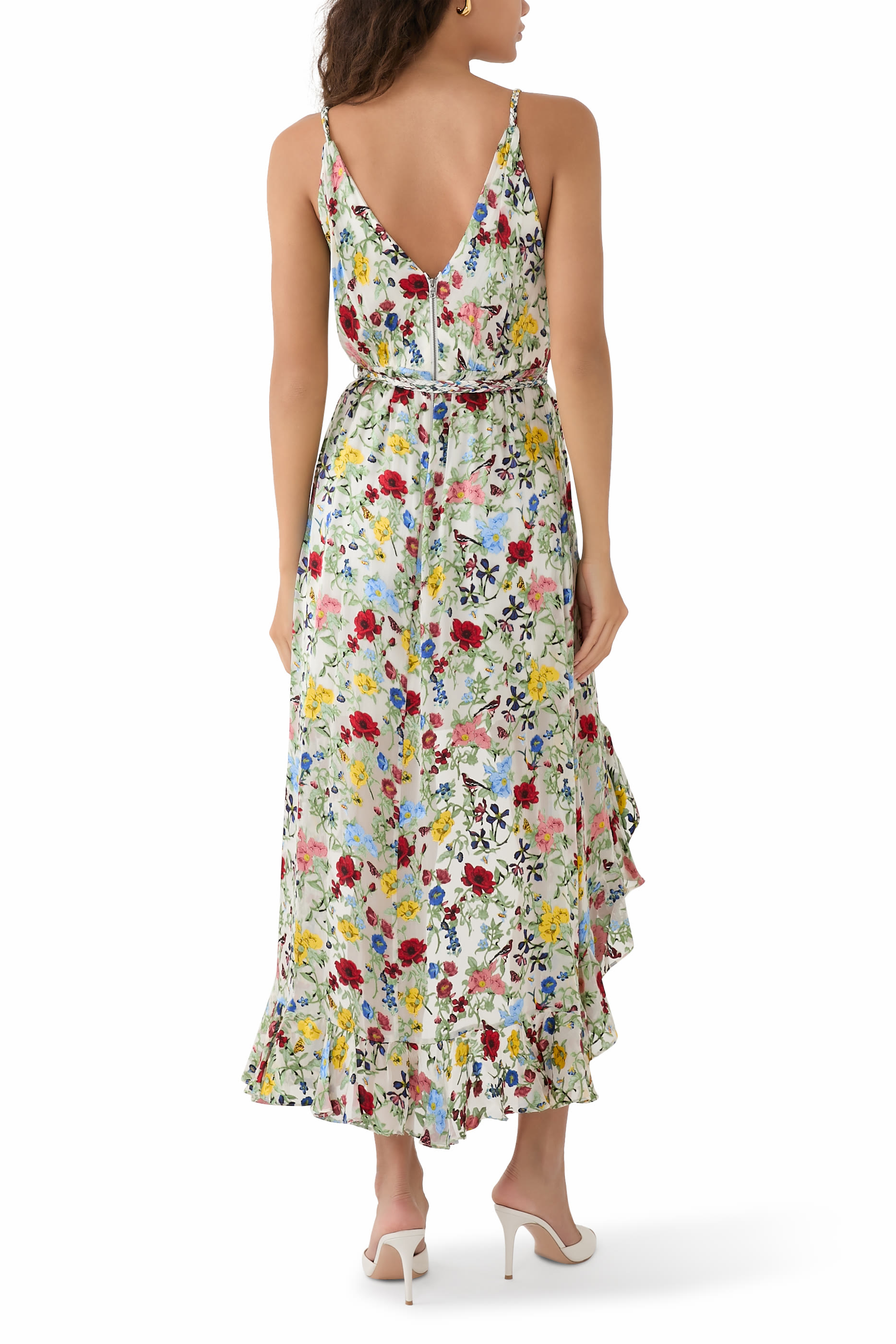 Tara Floral Cascading Ruffle Midi Dress