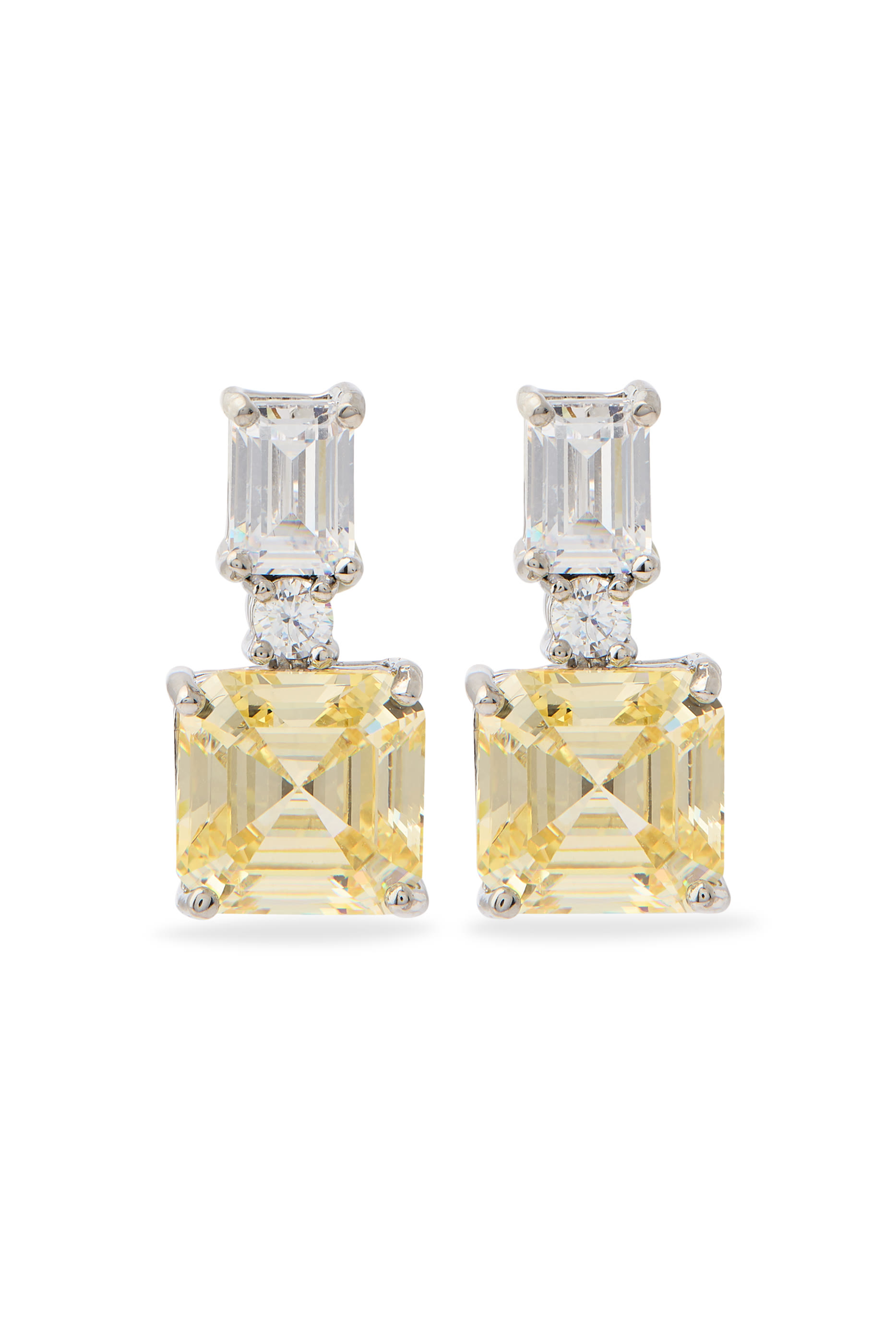 Double Cushion Drop Earrings, Rhodium Plated Brass & Cubic Zirconia