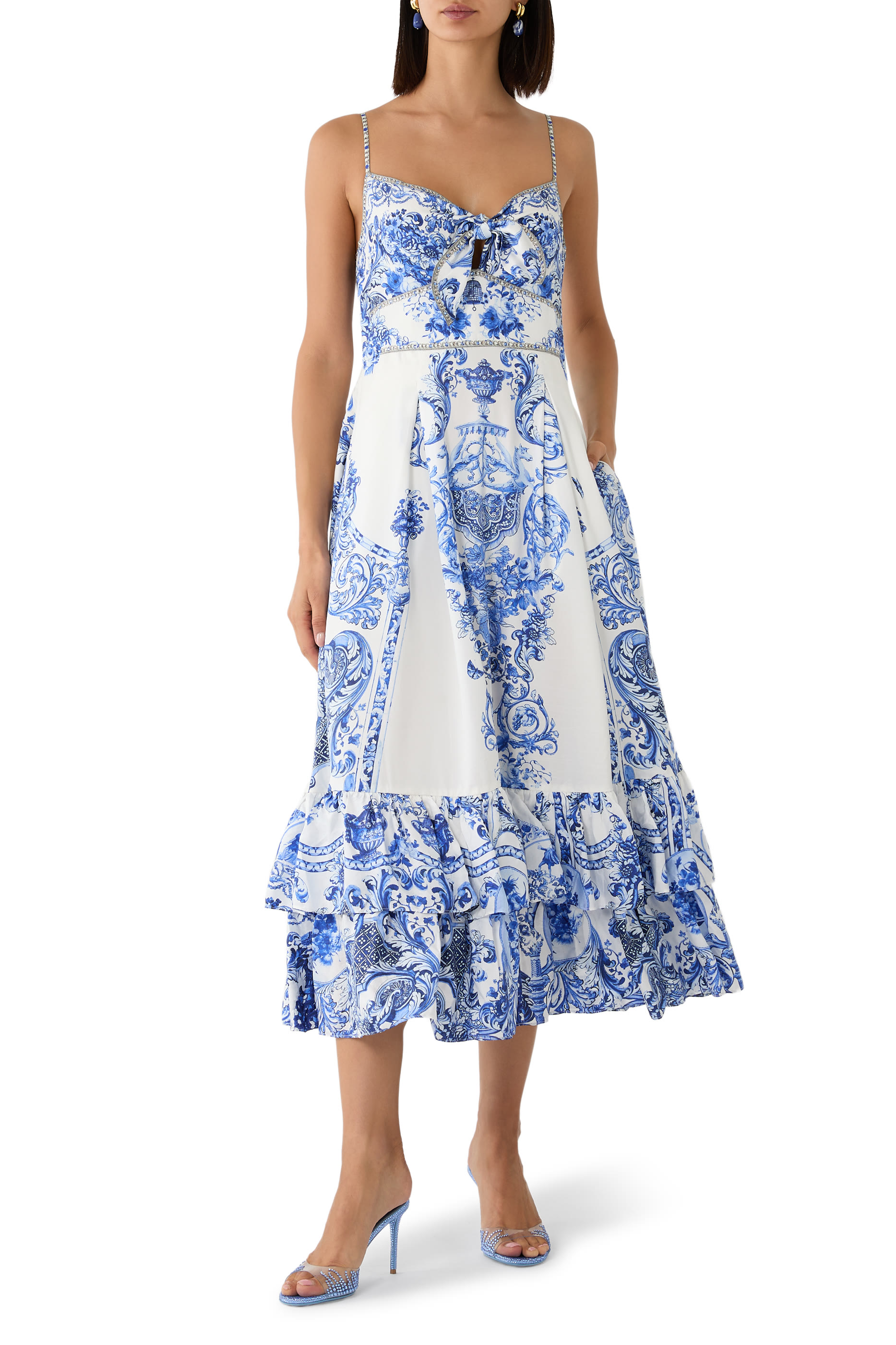 Ruffle Hem Tie-Front Midi Dress
