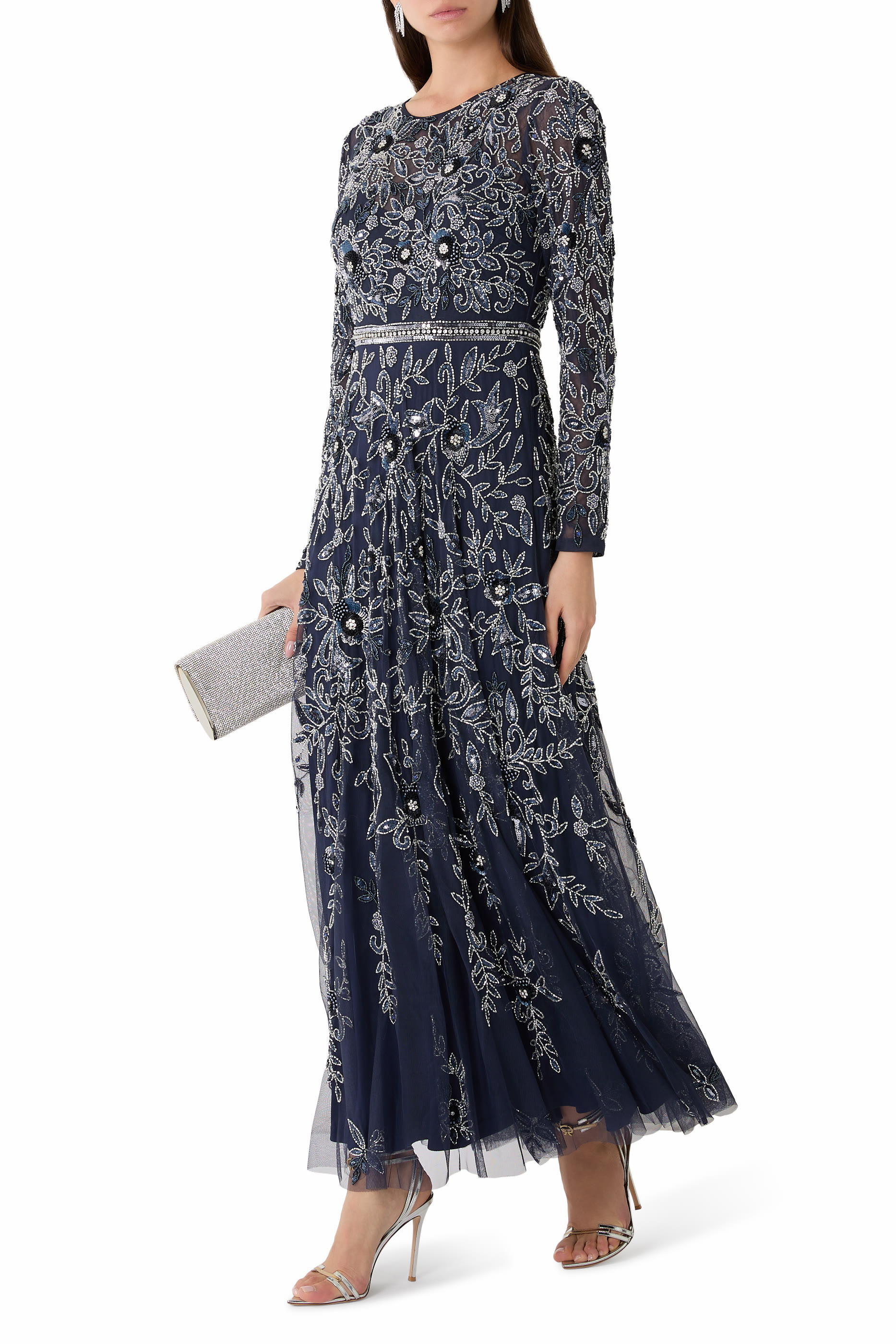 Floral Embellished A-Line Long Sleeves Gown