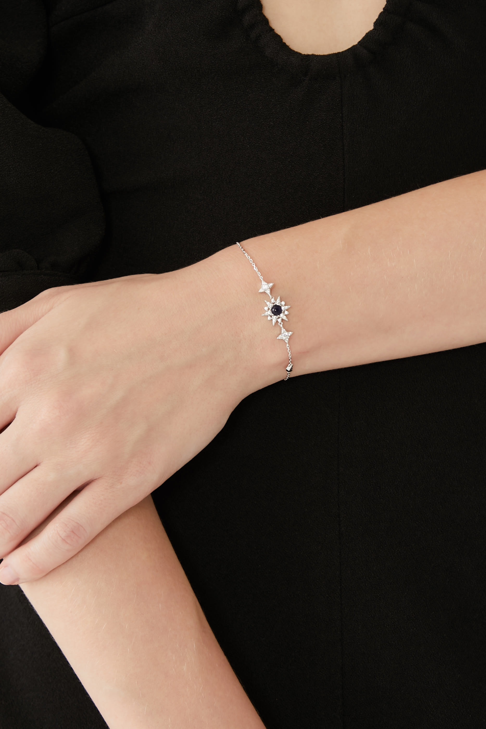 Station Bracelet, Sterling Silver with Cubic Zirconia & Glass