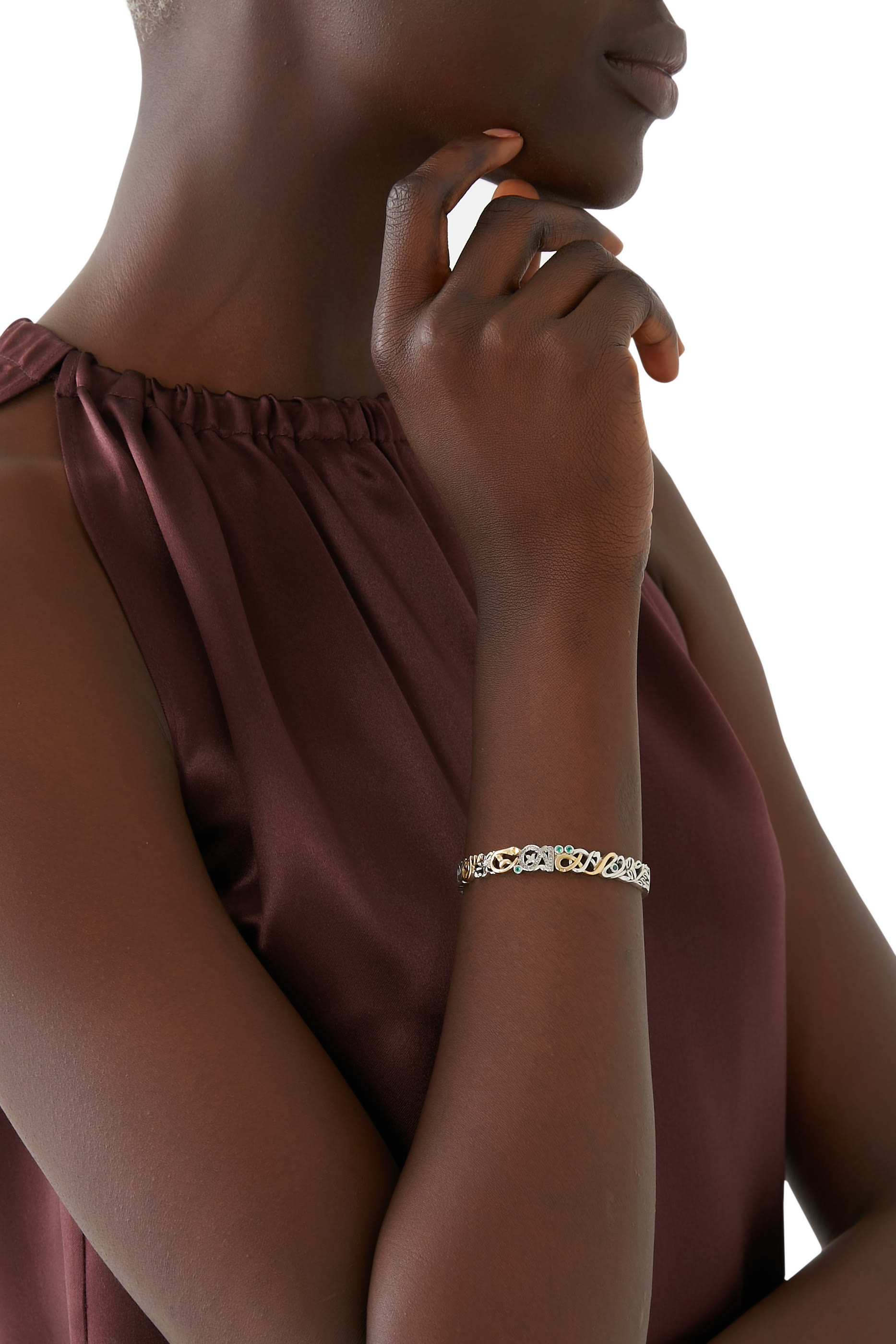 Tales of Calligraphy Bangle, 18k Yellow Gold with Sterling Silver & Champagne Diamonds